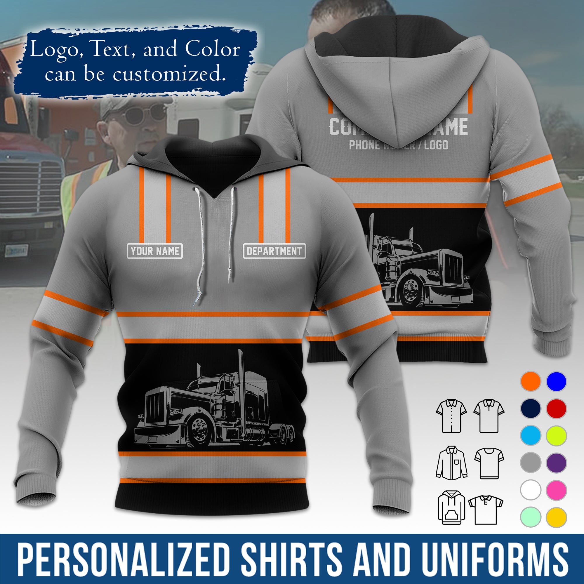 Custom Hoodie Uniform for Semi Truck Drivers, Add Your Company Logo, Text & Phone Number HD03