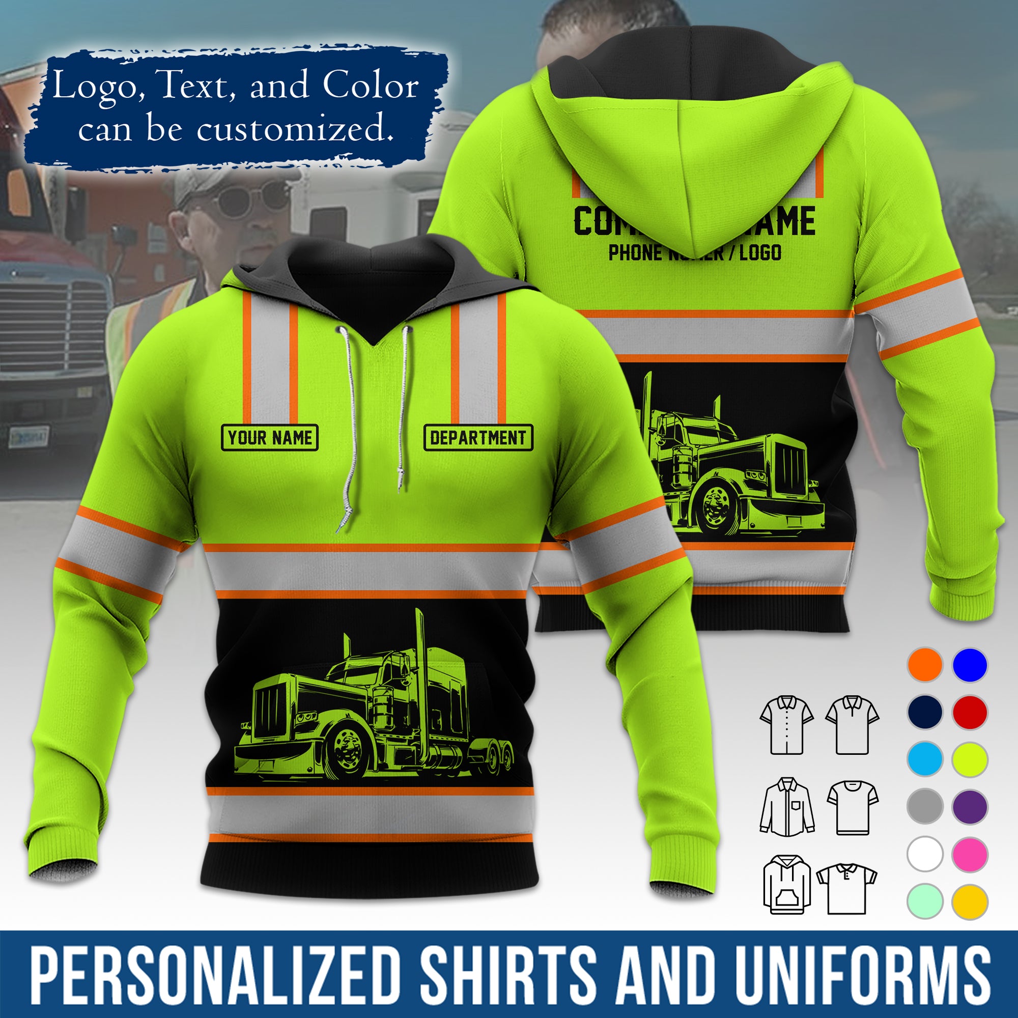 Custom Hoodie Uniform for Semi Truck Drivers, Add Your Company Logo, Text & Phone Number HD03