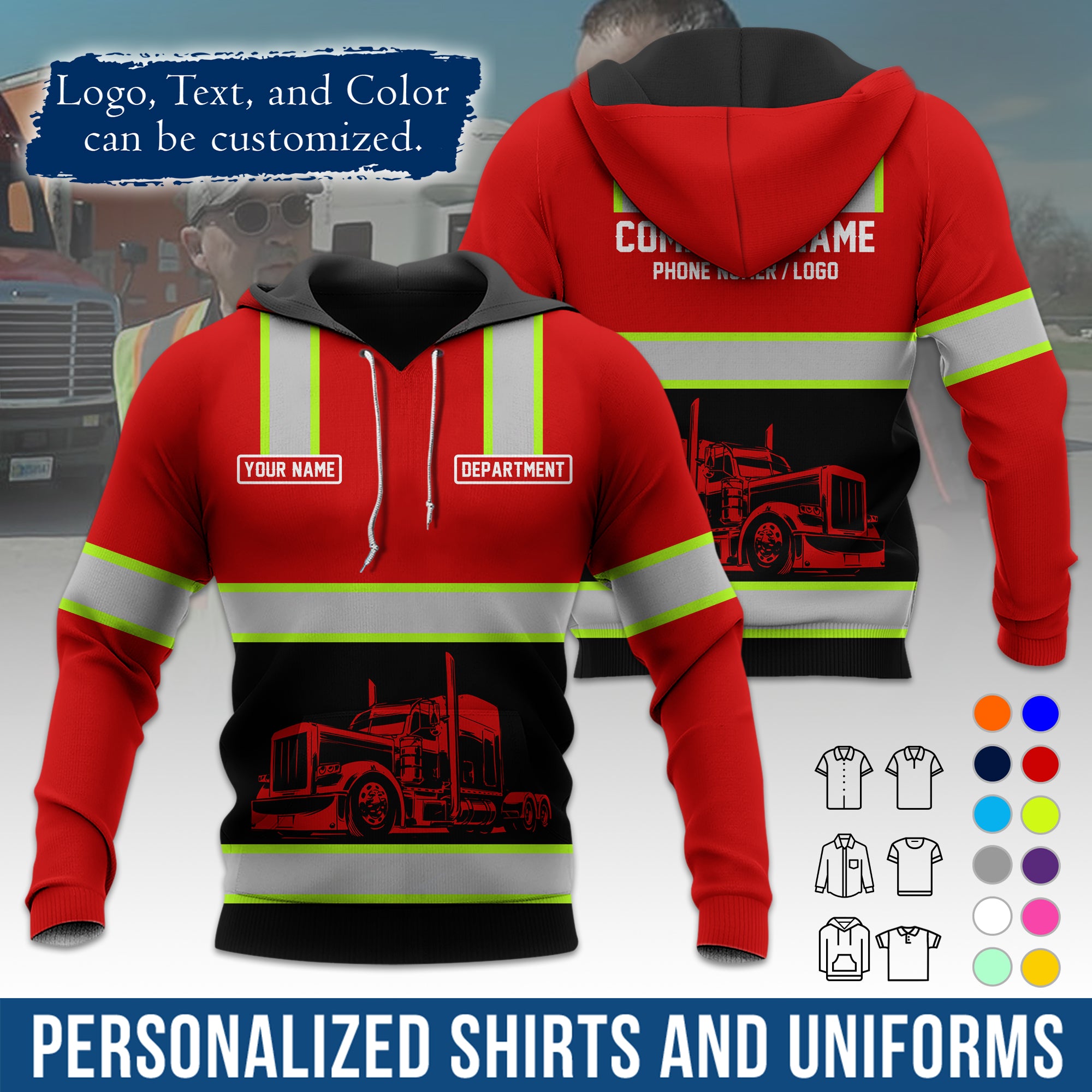 Custom Hoodie Uniform for Semi Truck Drivers, Add Your Company Logo, Text & Phone Number HD03
