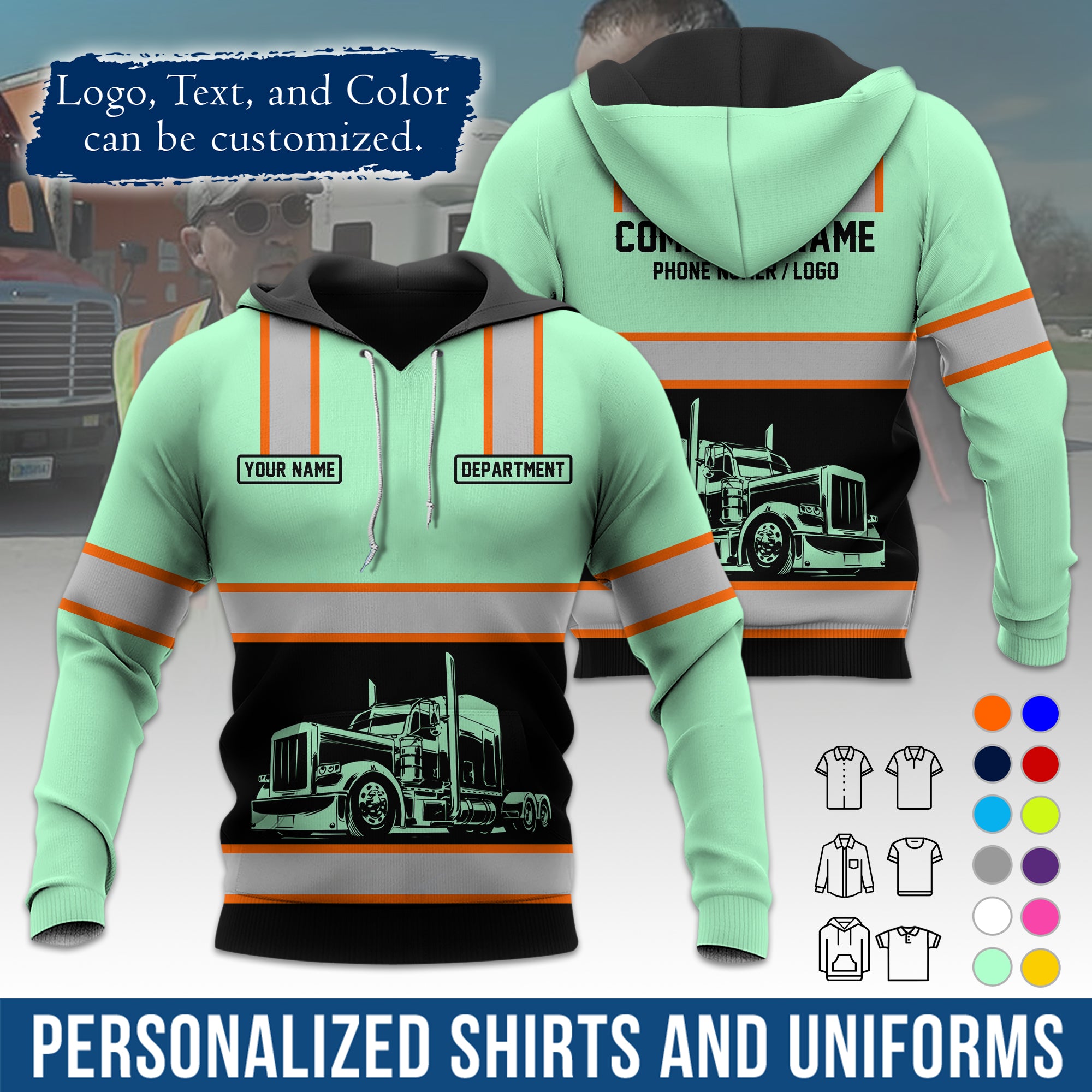 Custom Hoodie Uniform for Semi Truck Drivers, Add Your Company Logo, Text & Phone Number HD03
