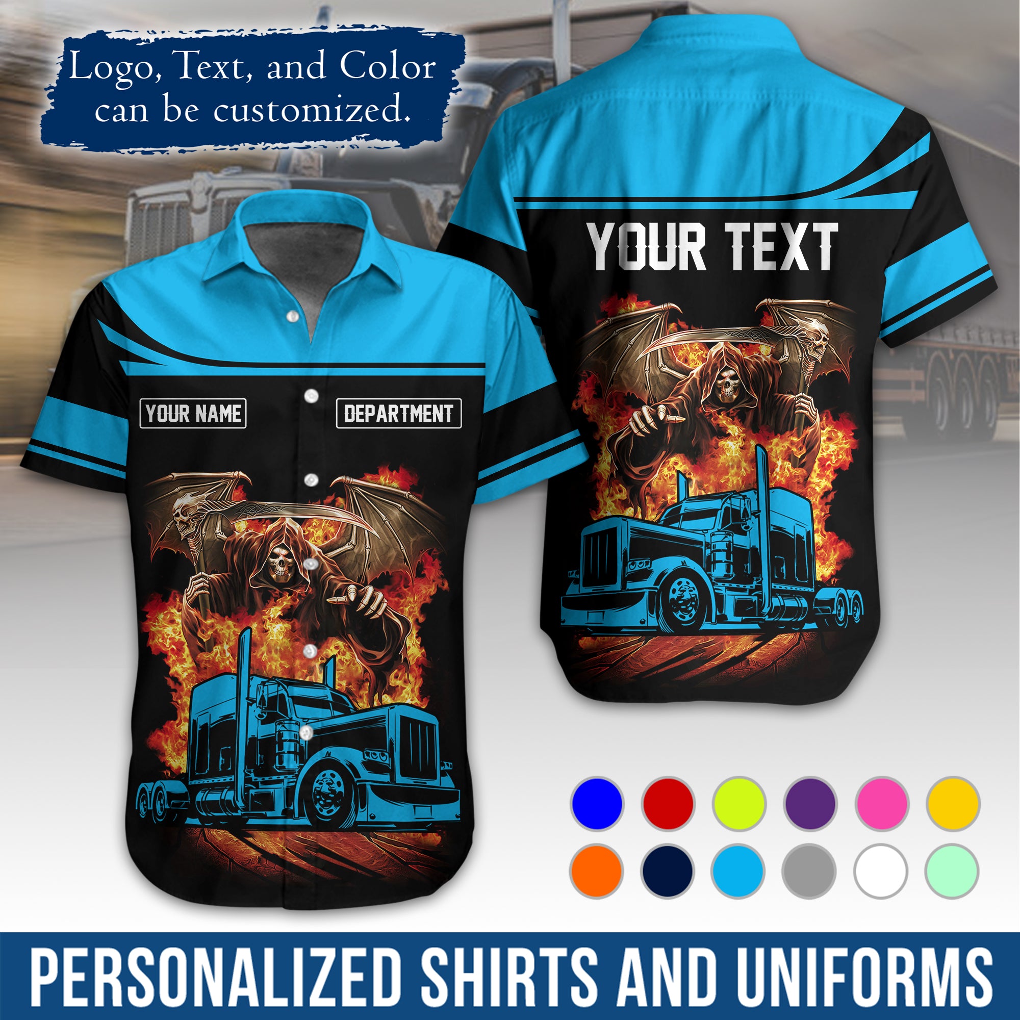 Custom Hawaiian Shirt for Semi Truck Drivers, Personalized Photo, Logo, & Company Info HW01