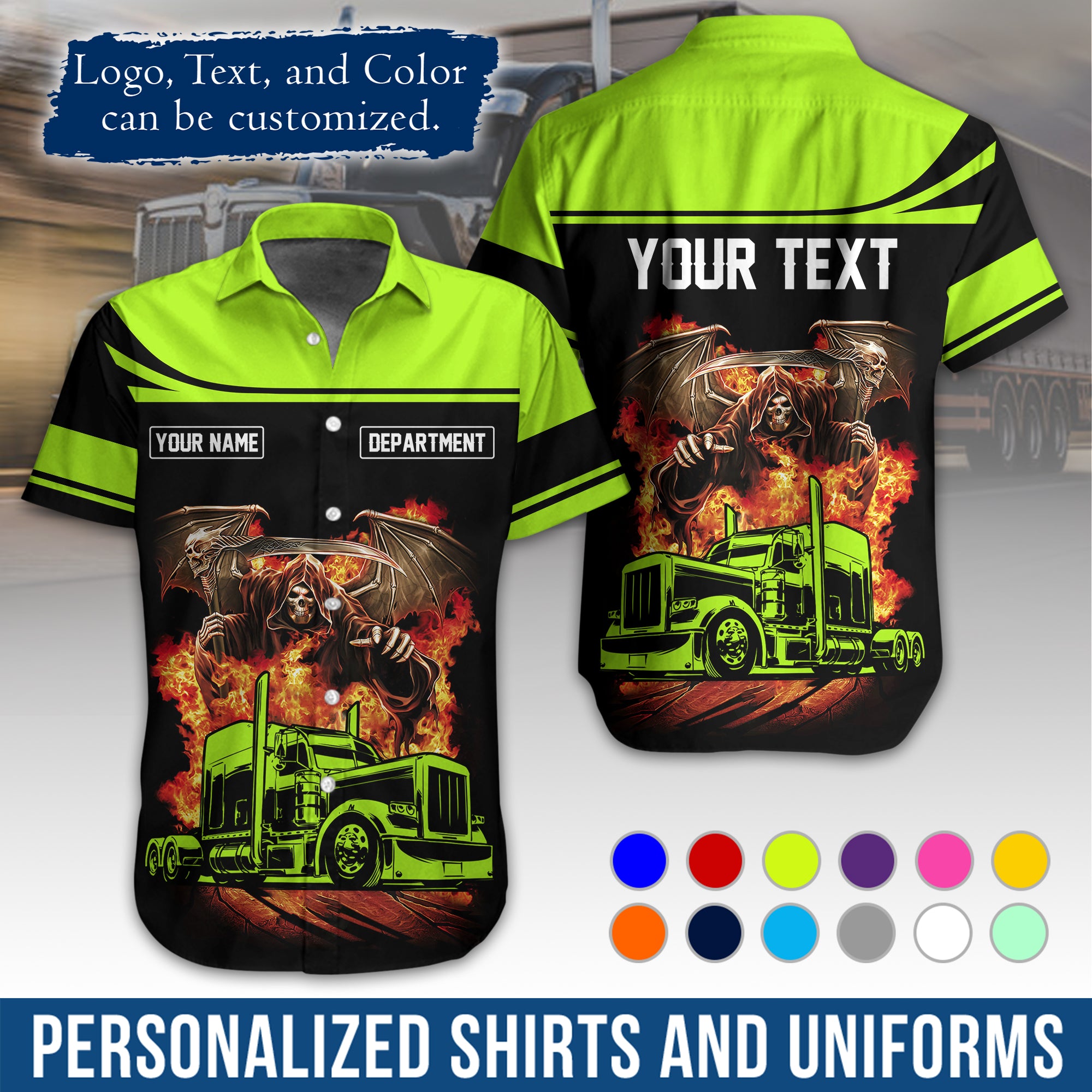 Custom Hawaiian Shirt for Semi Truck Drivers, Personalized Photo, Logo, & Company Info HW01