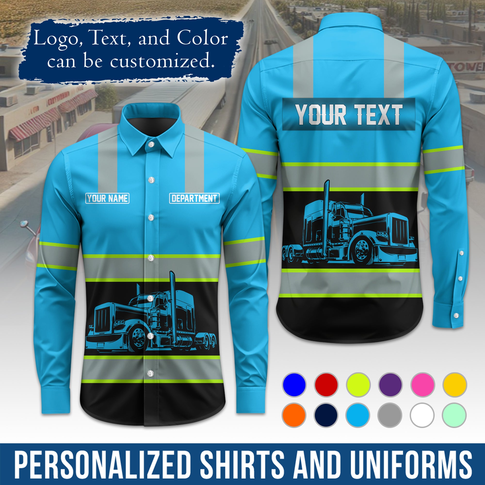 Semi Trucker Long Sleeve Button-Down Work Shirt, Personalized with Your Logo & Phone LS09