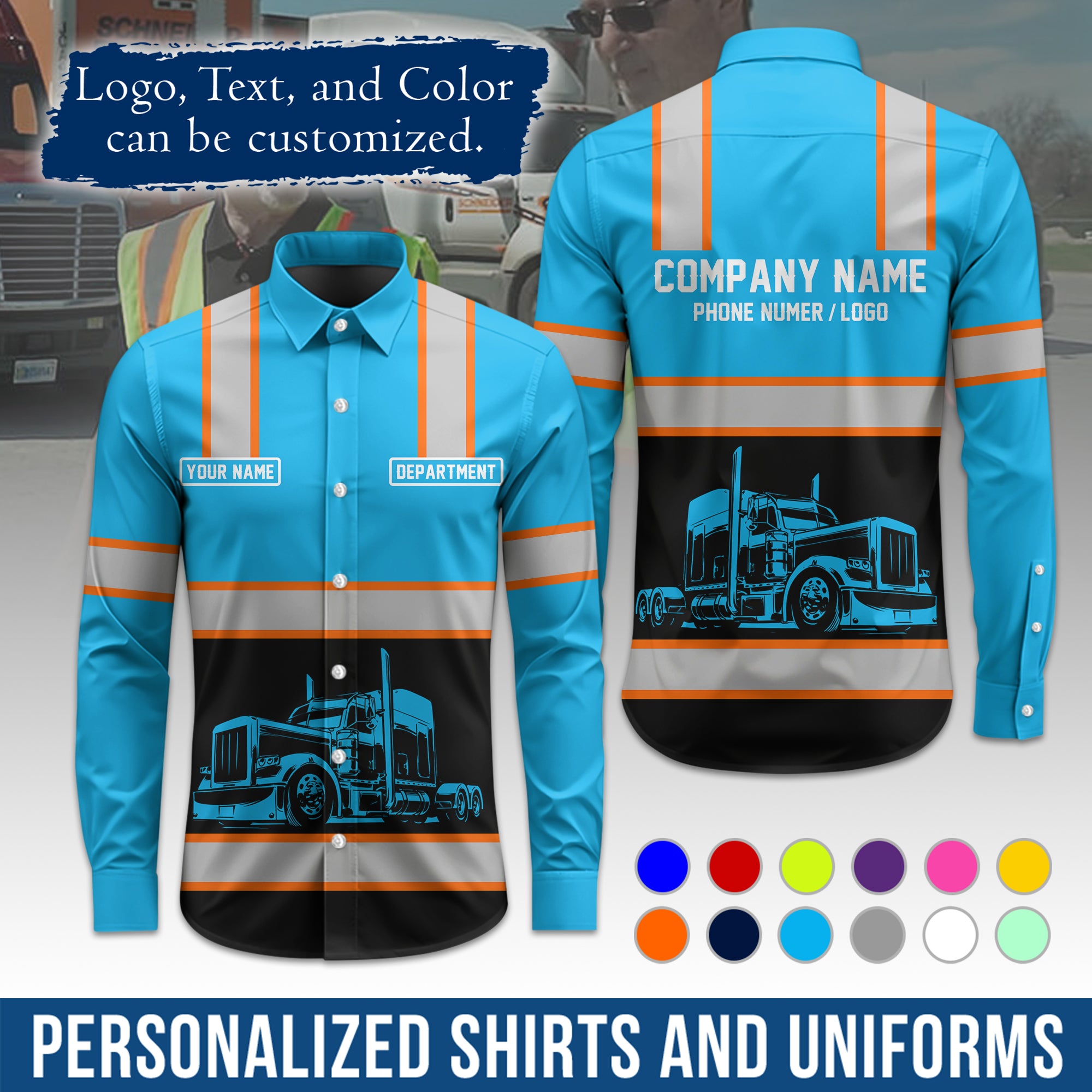 Semi Trucker Long Sleeve Button-Down Work Shirt, Personalized with Your Logo & Phone LS03