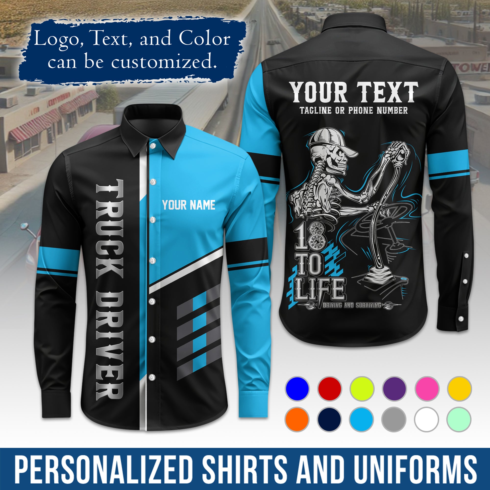 Semi Trucker Long Sleeve Button-Down Work Shirt, Personalized with Your Logo & Phone LS07