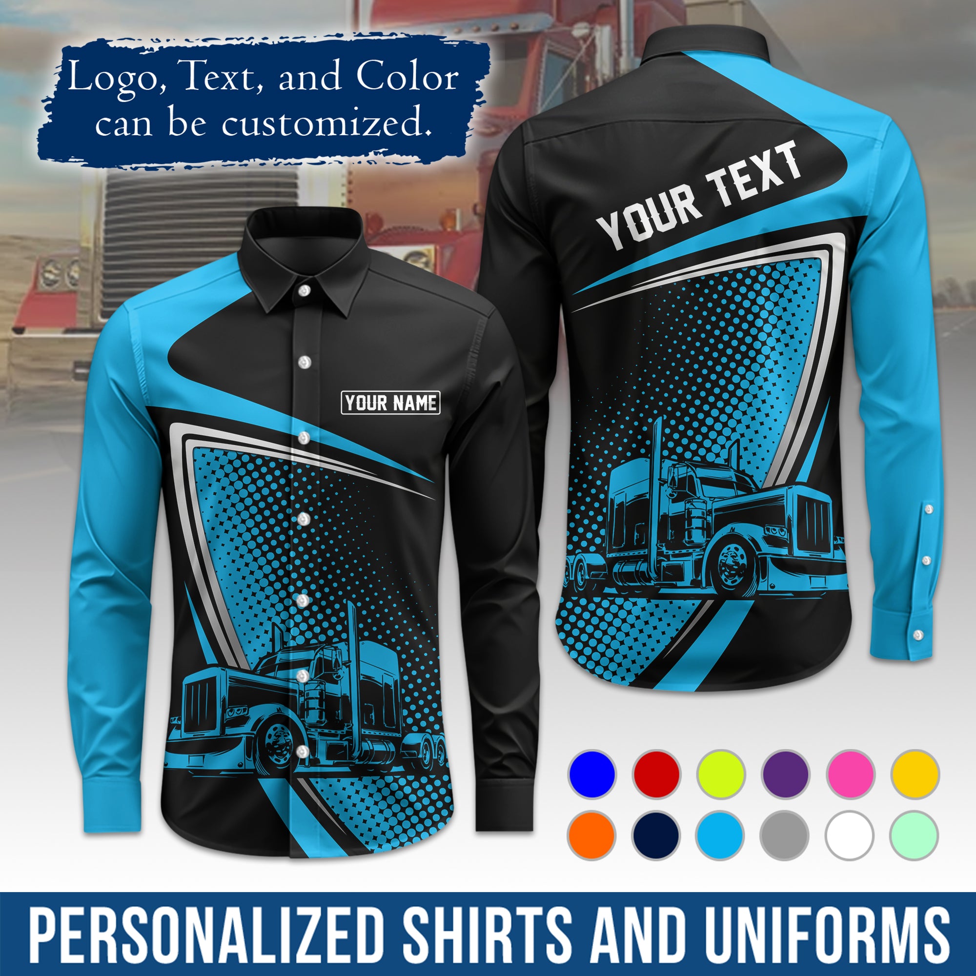 Semi Trucker Long Sleeve Button-Down Work Shirt, Personalized with Your Logo & Phone LS02
