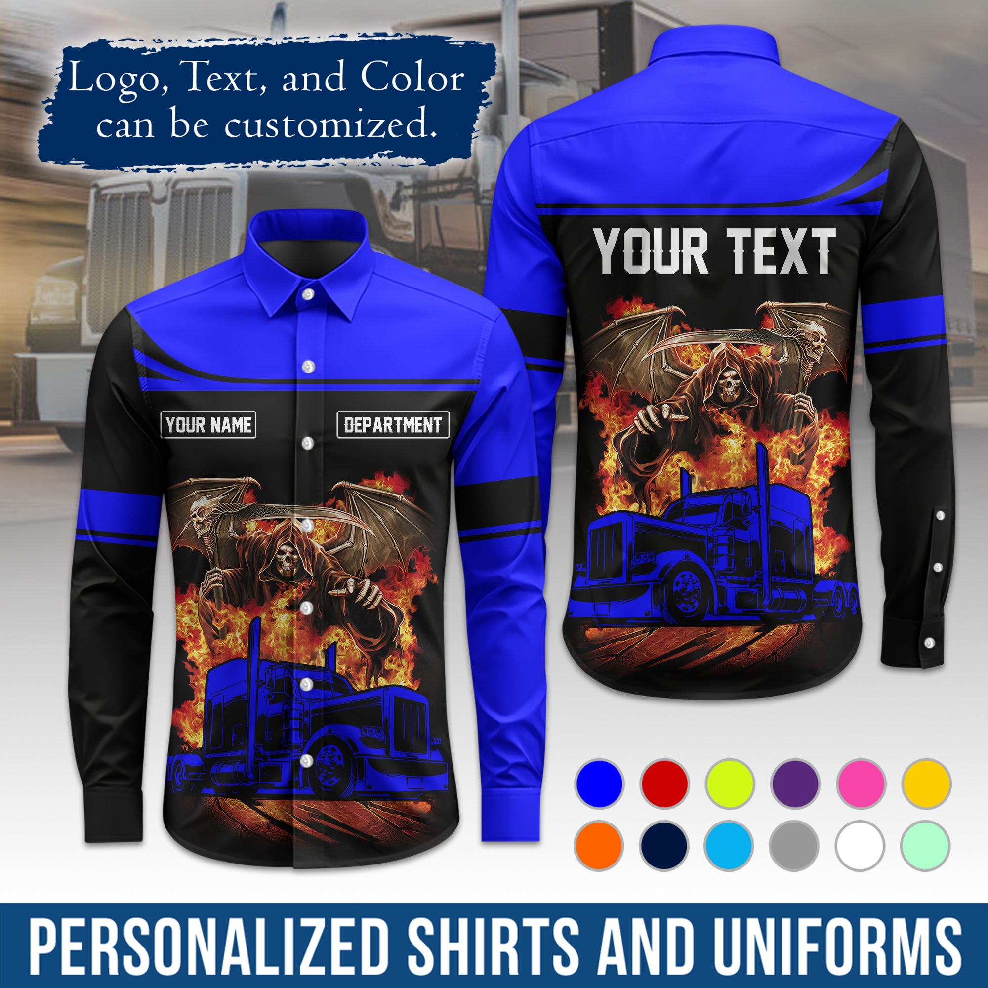 Semi Trucker Long Sleeve Button-Down Work Shirt, Personalized with Your Logo & Phone LS01