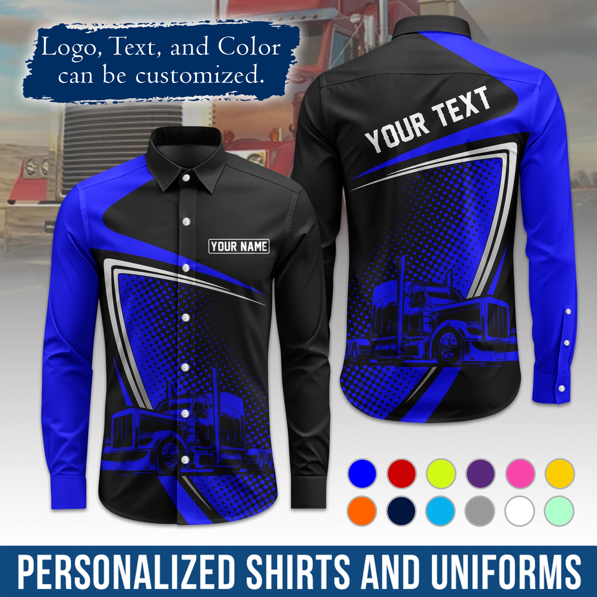 Semi Trucker Long Sleeve Button-Down Work Shirt, Personalized with Your Logo & Phone LS02
