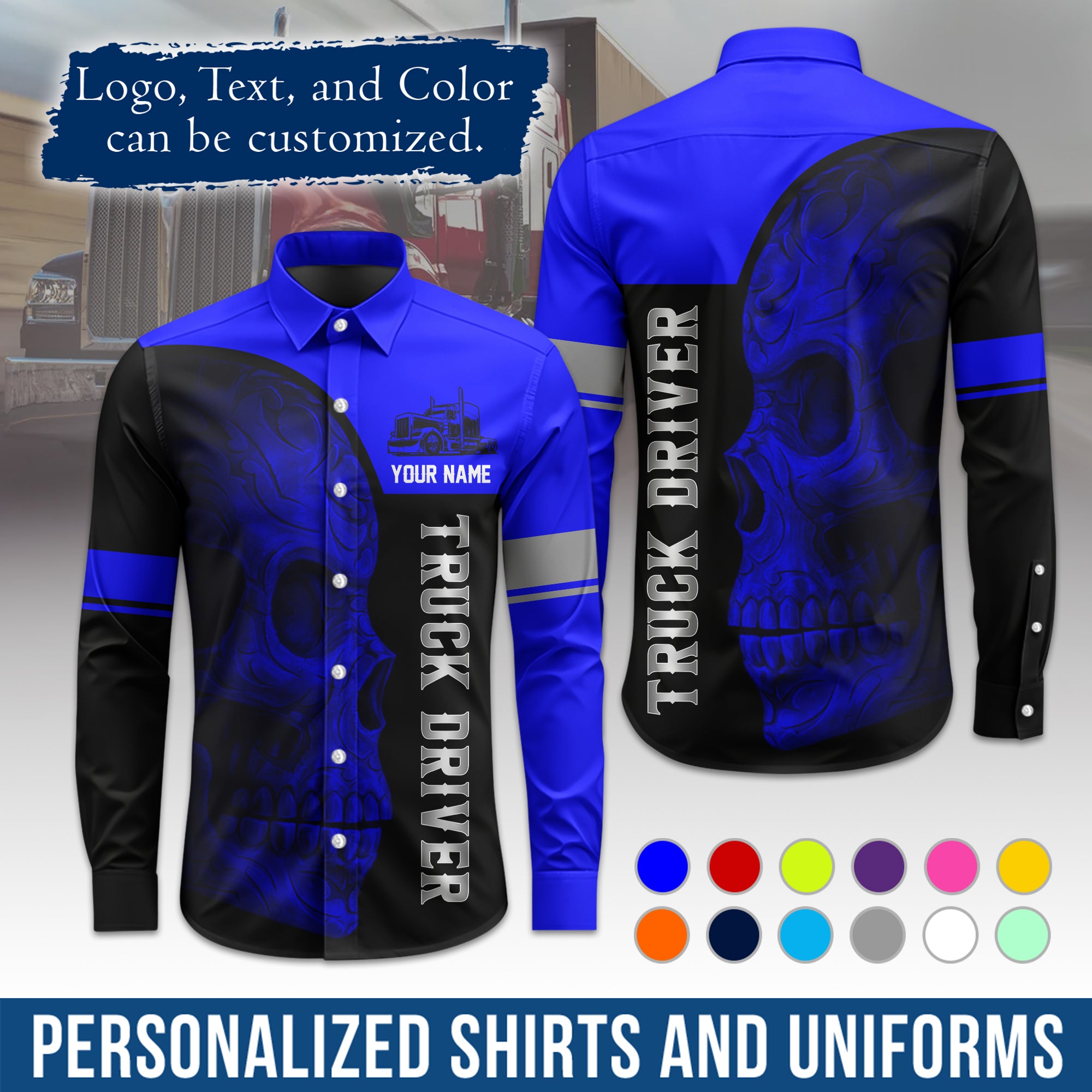 Semi Trucker Long Sleeve Button-Down Work Shirt, Personalized with Your Logo & Phone LS06