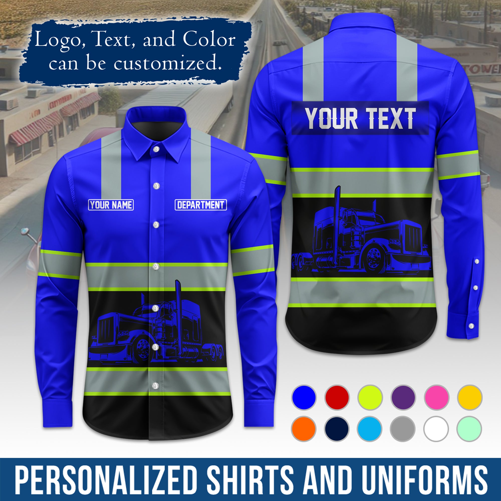 Semi Trucker Long Sleeve Button-Down Work Shirt, Personalized with Your Logo & Phone LS09