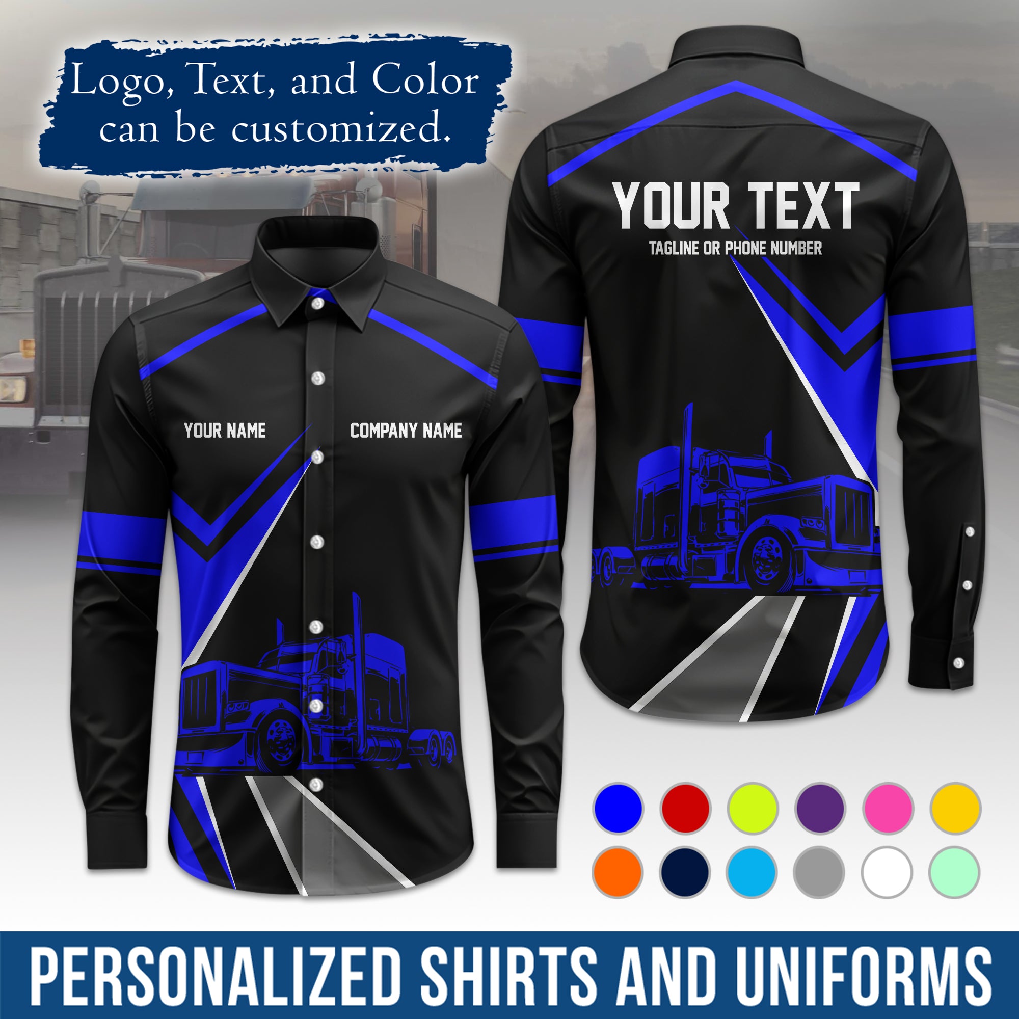 Semi Trucker Long Sleeve Button-Down Work Shirt, Personalized with Your Logo & Phone LS05