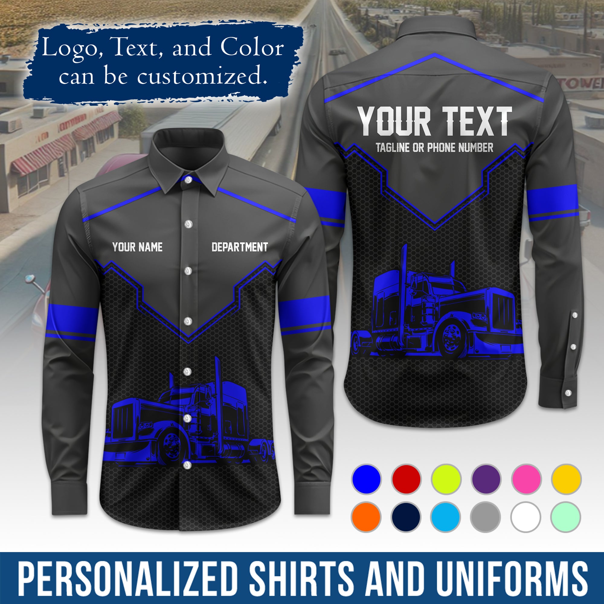Semi Trucker Long Sleeve Button-Down Work Shirt, Personalized with Your Logo & Phone LS08
