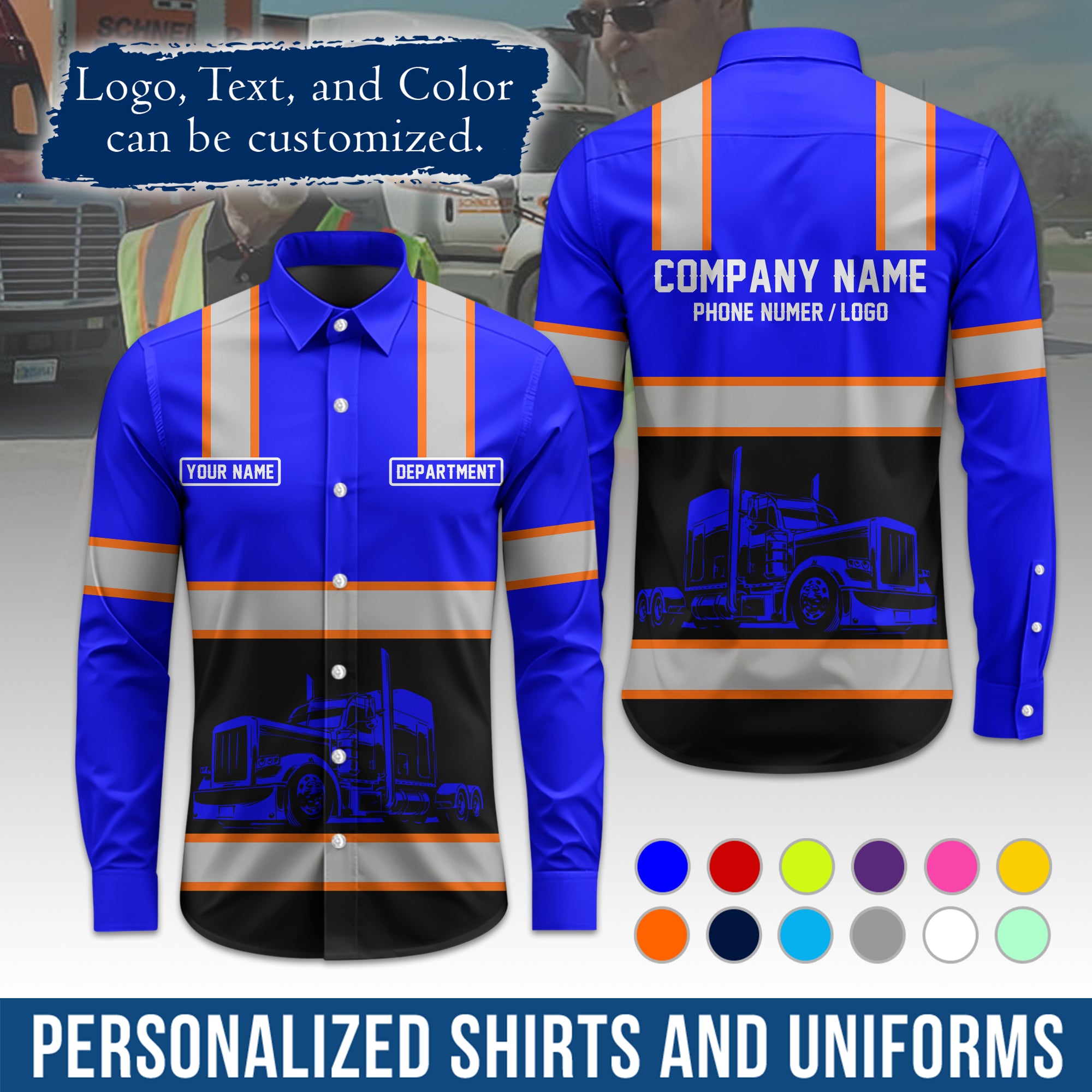 Semi Trucker Long Sleeve Button-Down Work Shirt, Personalized with Your Logo & Phone LS03