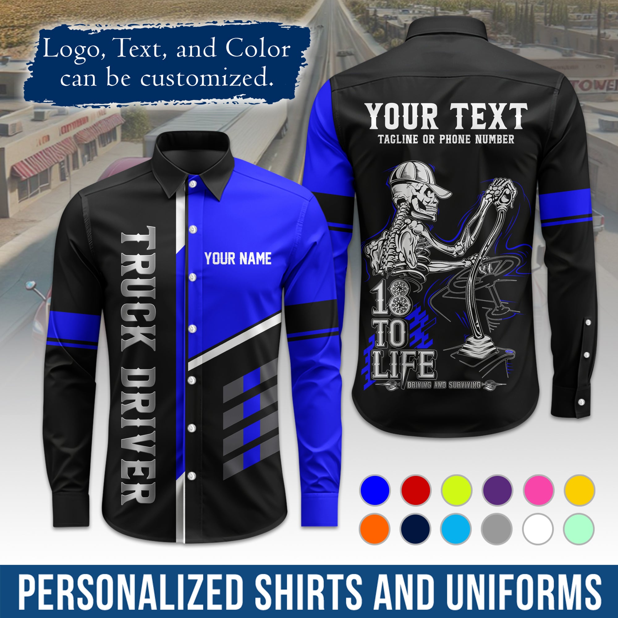 Semi Trucker Long Sleeve Button-Down Work Shirt, Personalized with Your Logo & Phone LS07