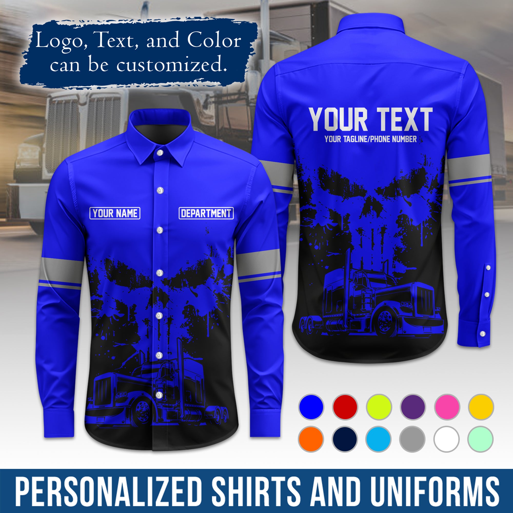 Semi Trucker Long Sleeve Button-Down Work Shirt, Personalized with Your Logo & Phone LS04
