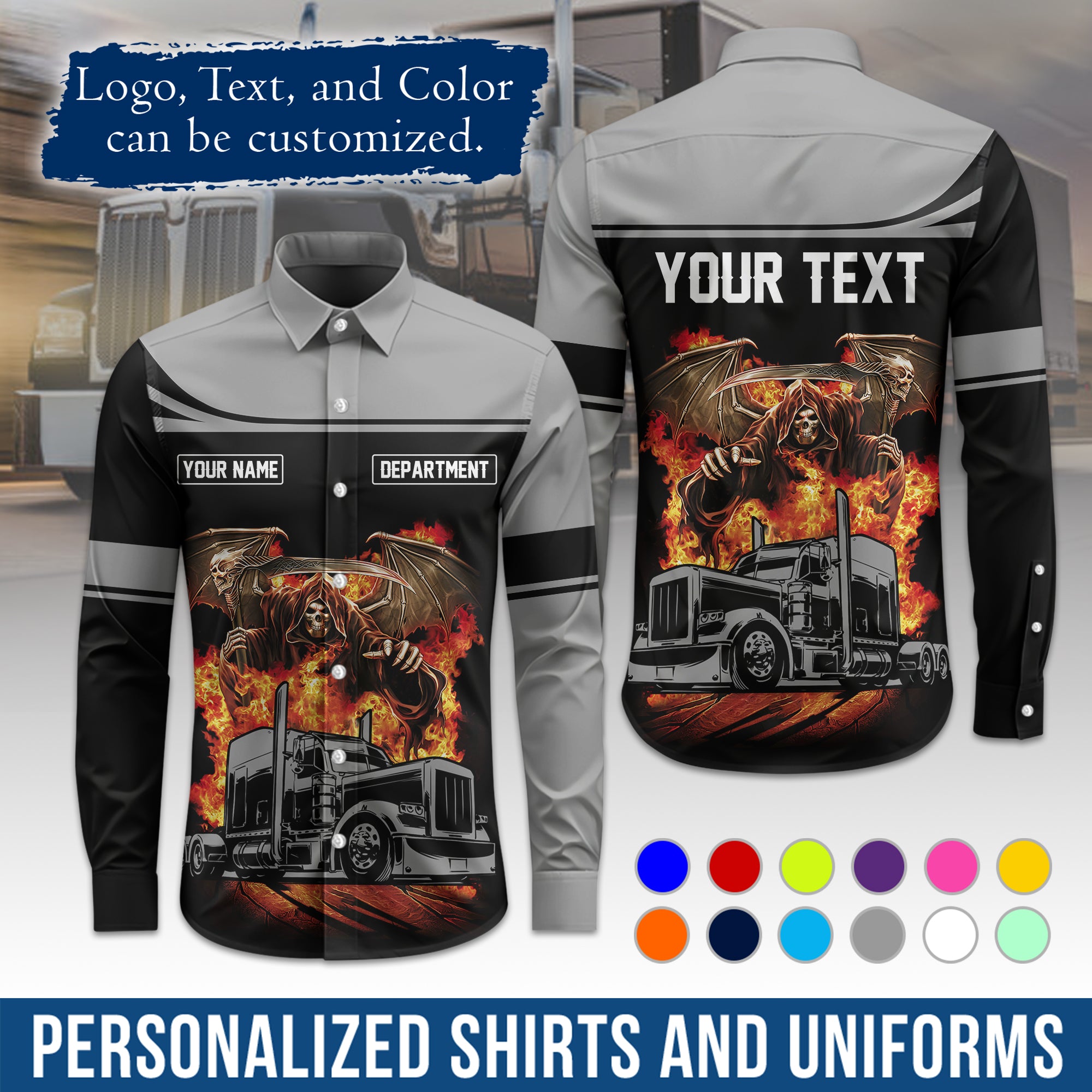 Semi Trucker Long Sleeve Button-Down Work Shirt, Personalized with Your Logo & Phone LS01