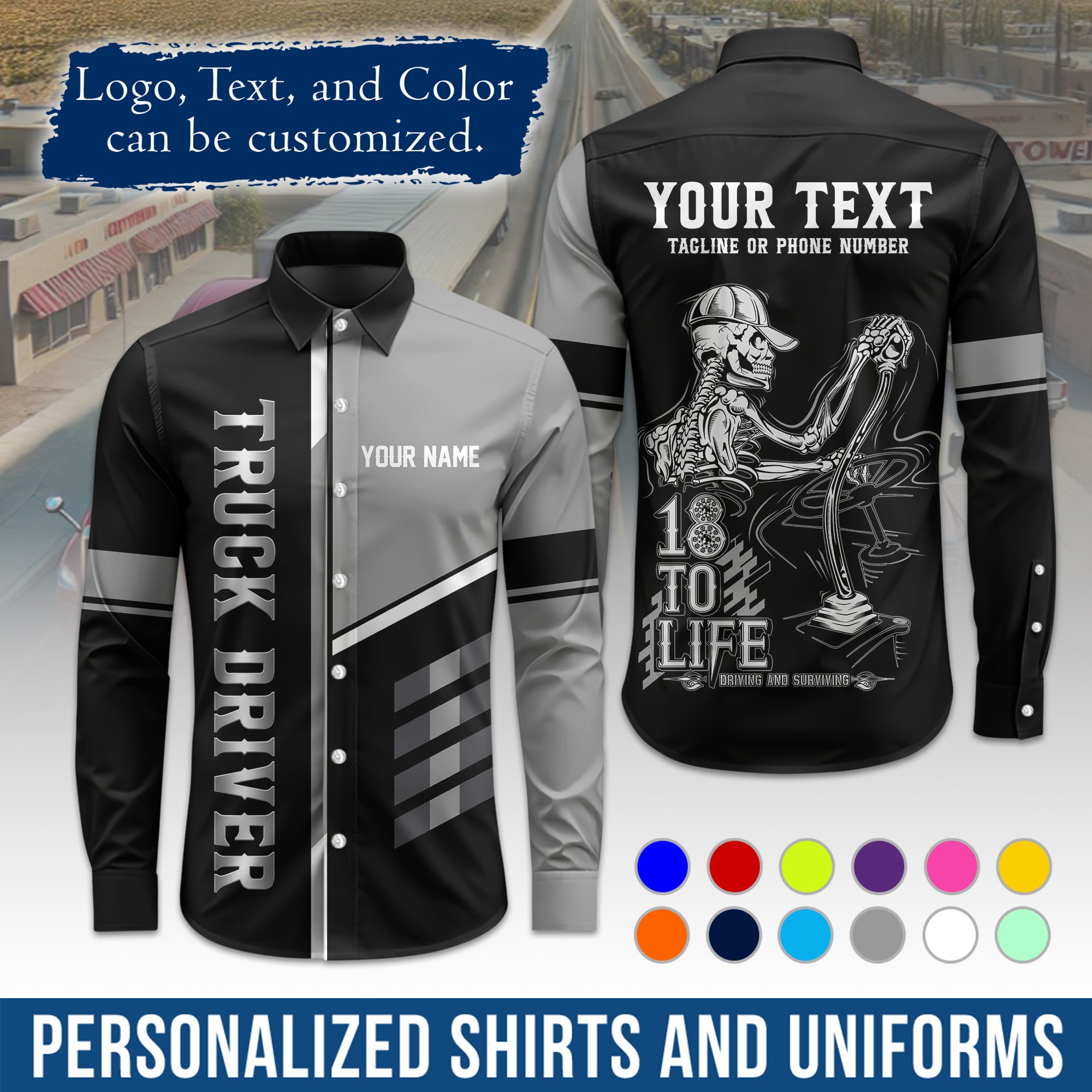 Semi Trucker Long Sleeve Button-Down Work Shirt, Personalized with Your Logo & Phone LS07