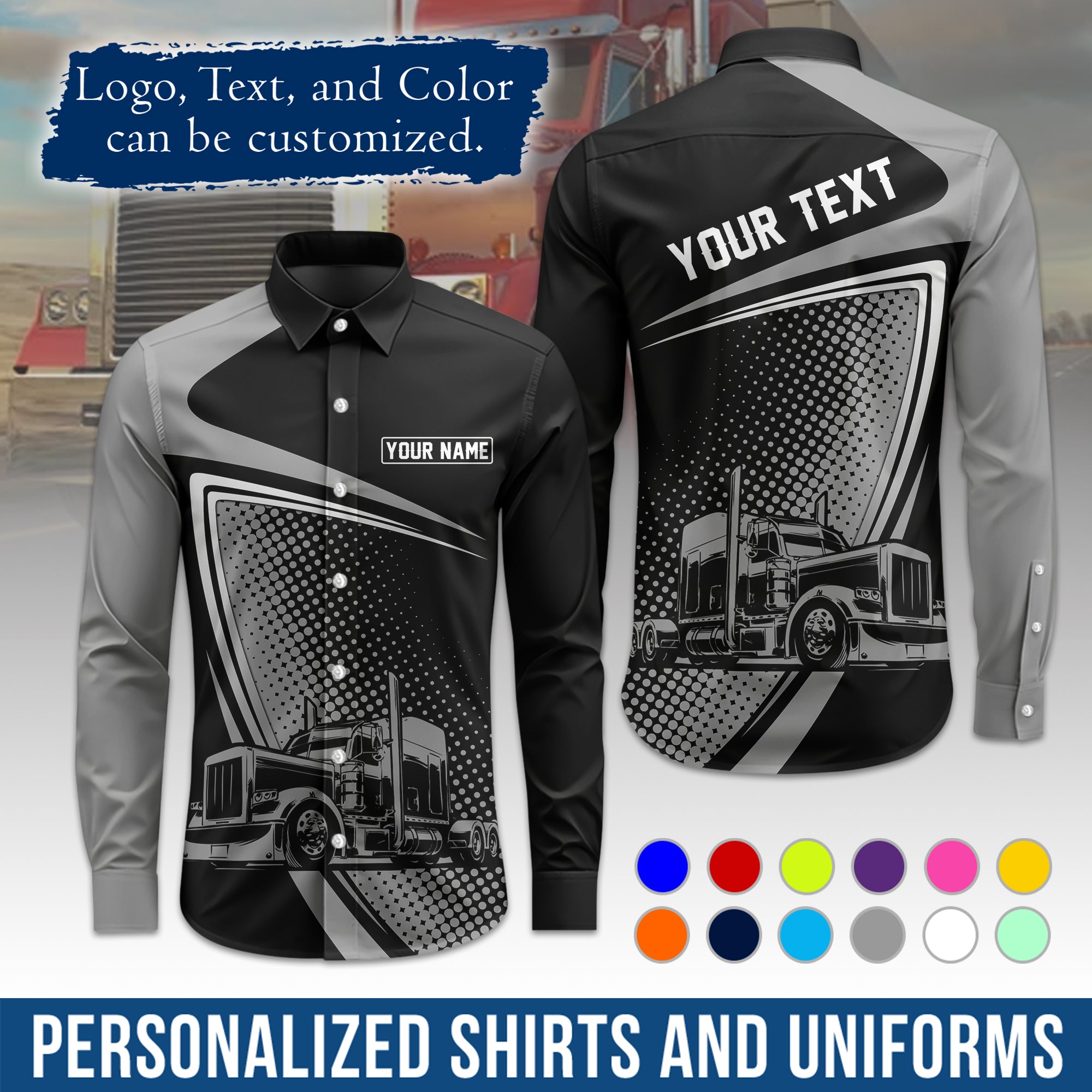 Semi Trucker Long Sleeve Button-Down Work Shirt, Personalized with Your Logo & Phone LS02