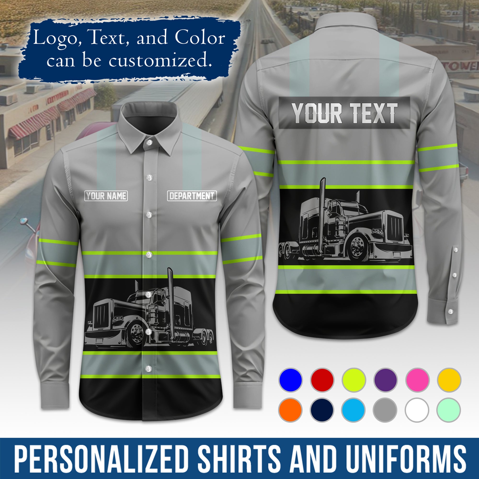 Semi Trucker Long Sleeve Button-Down Work Shirt, Personalized with Your Logo & Phone LS09