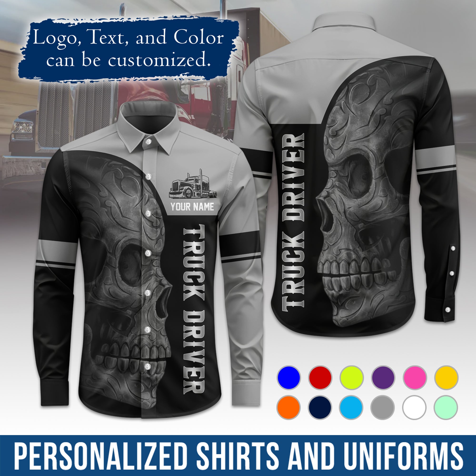 Semi Trucker Long Sleeve Button-Down Work Shirt, Personalized with Your Logo & Phone LS06