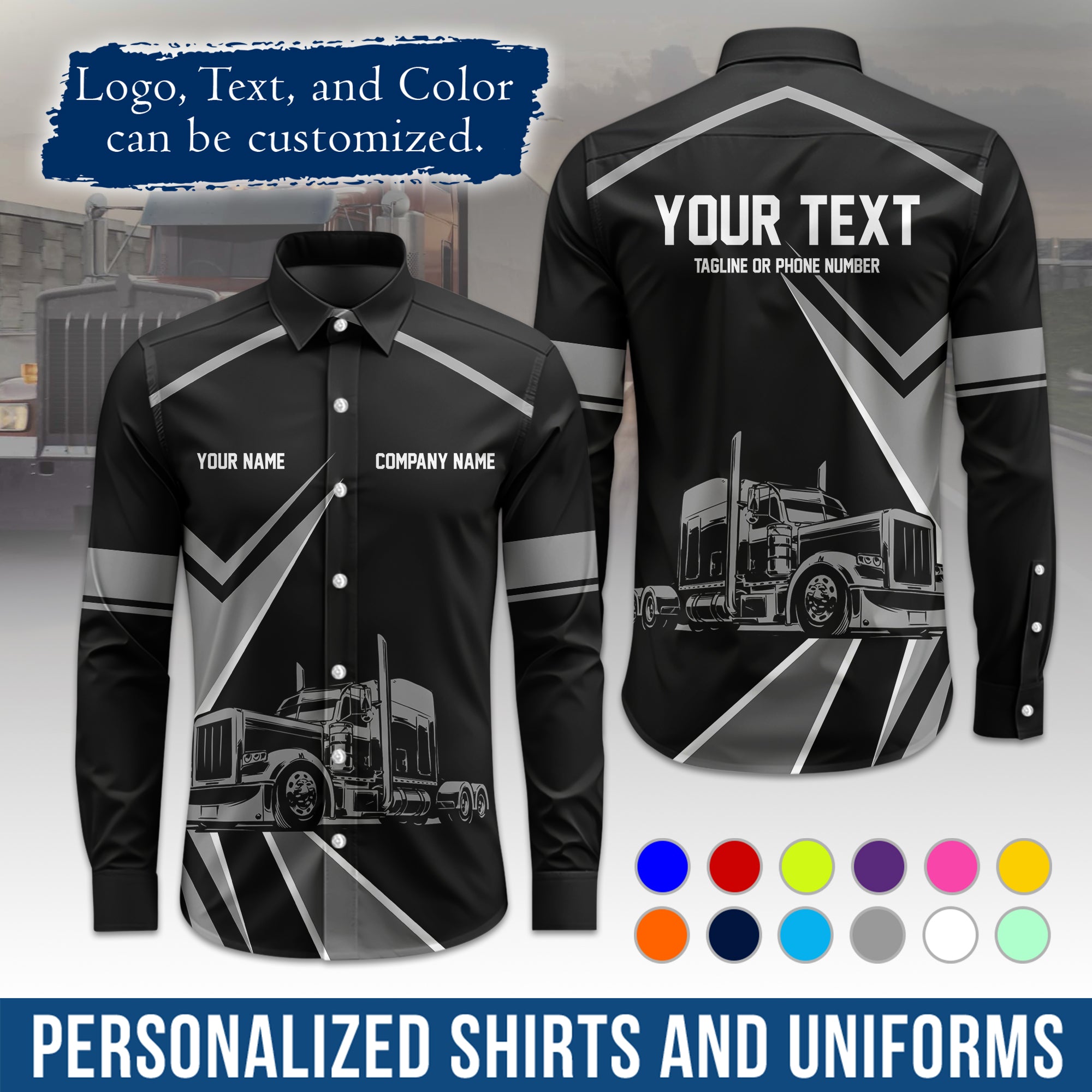 Semi Trucker Long Sleeve Button-Down Work Shirt, Personalized with Your Logo & Phone LS05