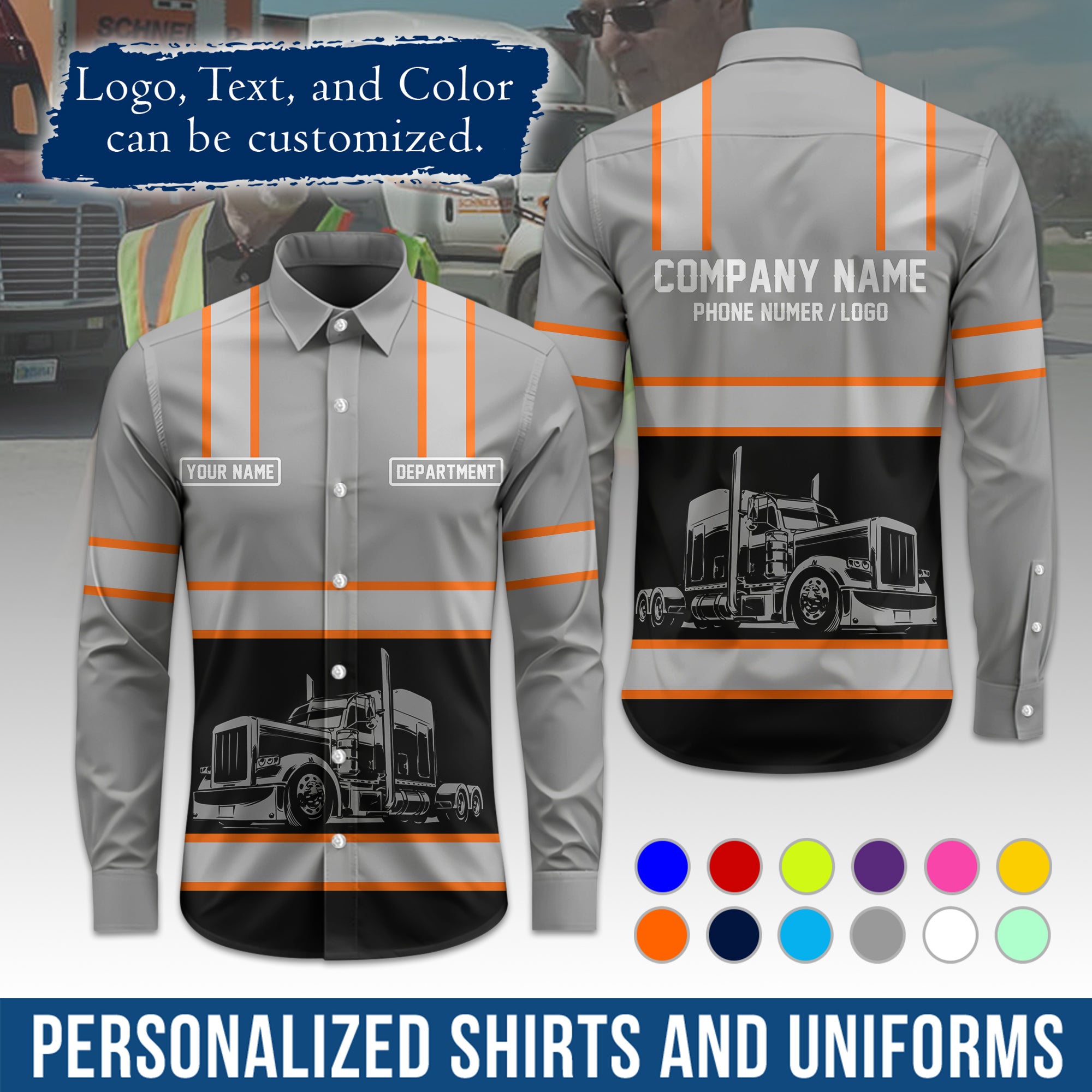 Semi Trucker Long Sleeve Button-Down Work Shirt, Personalized with Your Logo & Phone LS03