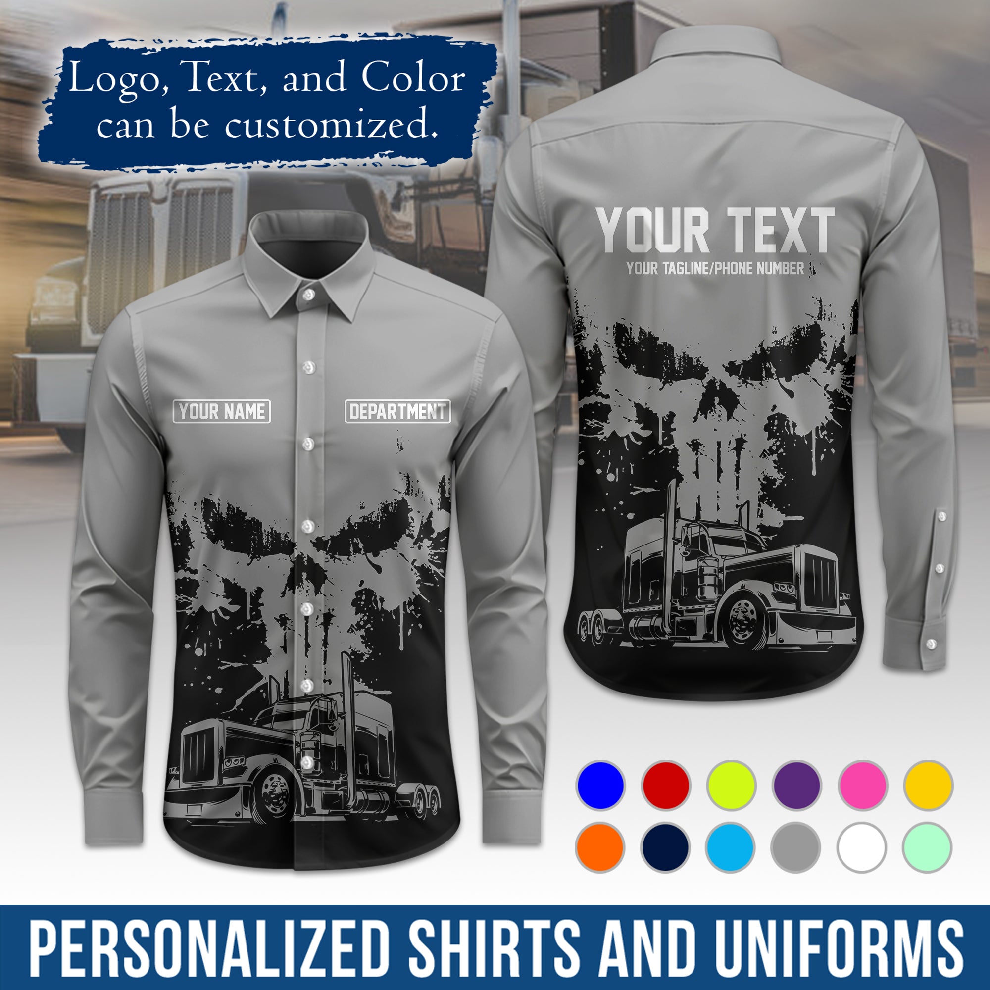 Semi Trucker Long Sleeve Button-Down Work Shirt, Personalized with Your Logo & Phone LS04