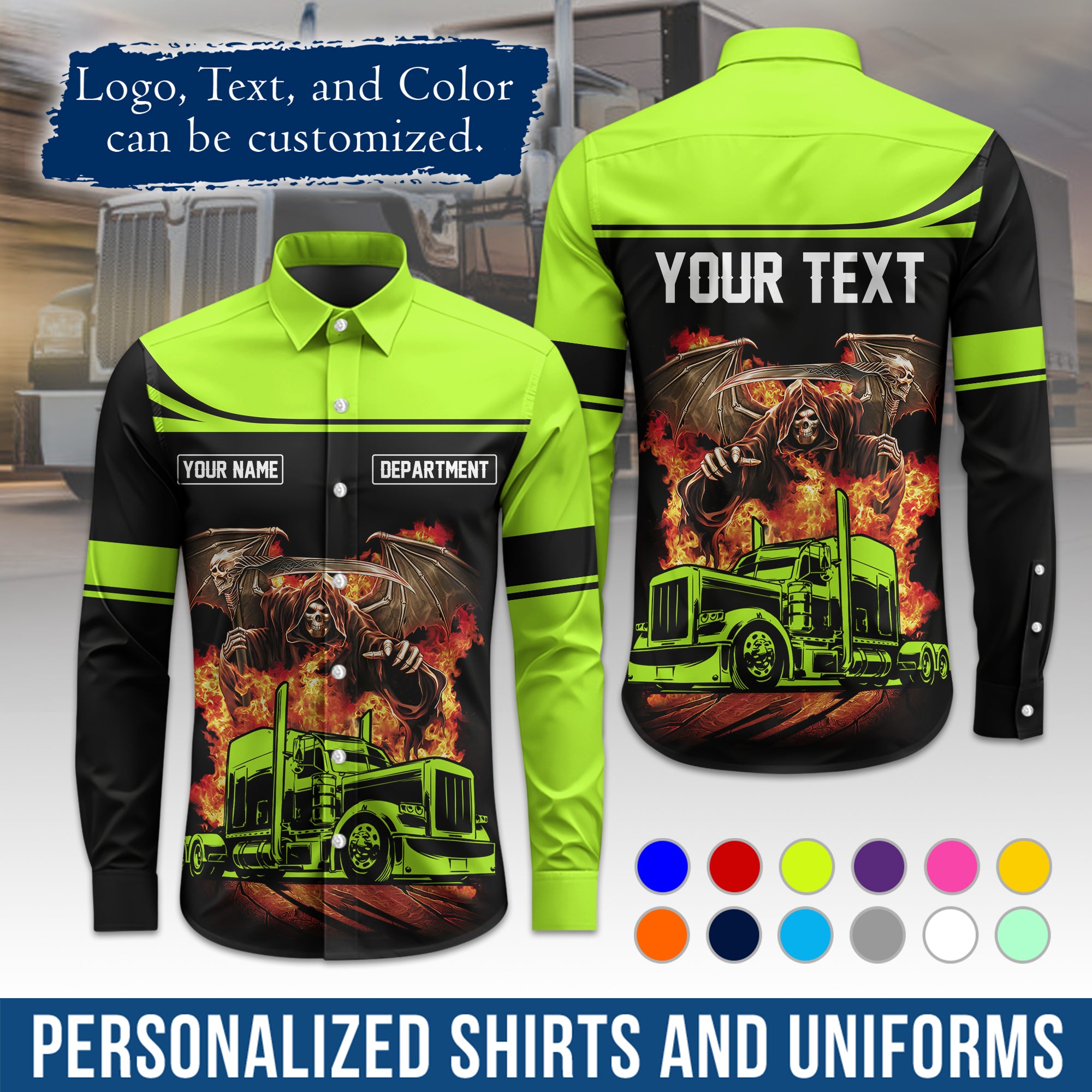 Semi Trucker Long Sleeve Button-Down Work Shirt, Personalized with Your Logo & Phone LS01