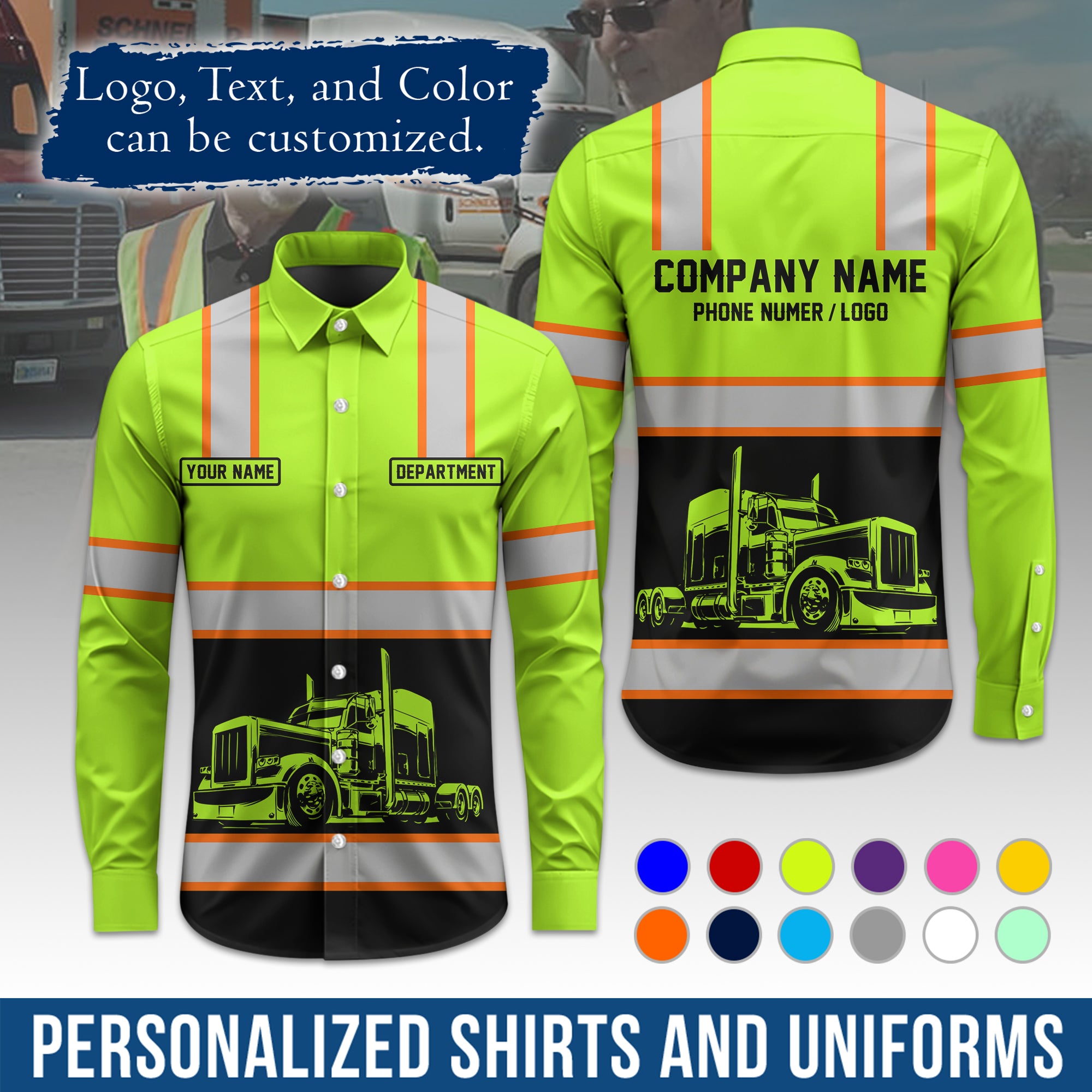 Semi Trucker Long Sleeve Button-Down Work Shirt, Personalized with Your Logo & Phone LS03