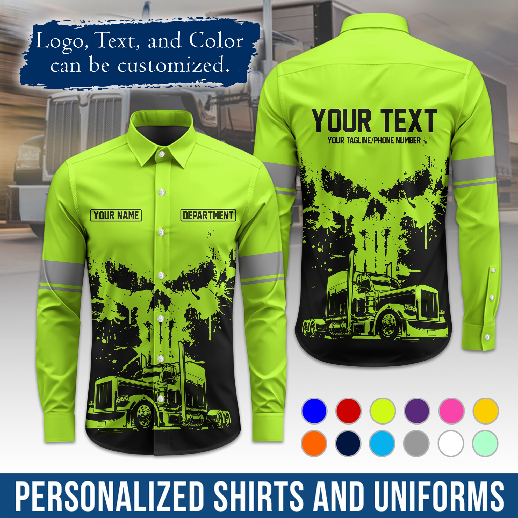 Semi Trucker Long Sleeve Button-Down Work Shirt, Personalized with Your Logo & Phone LS04