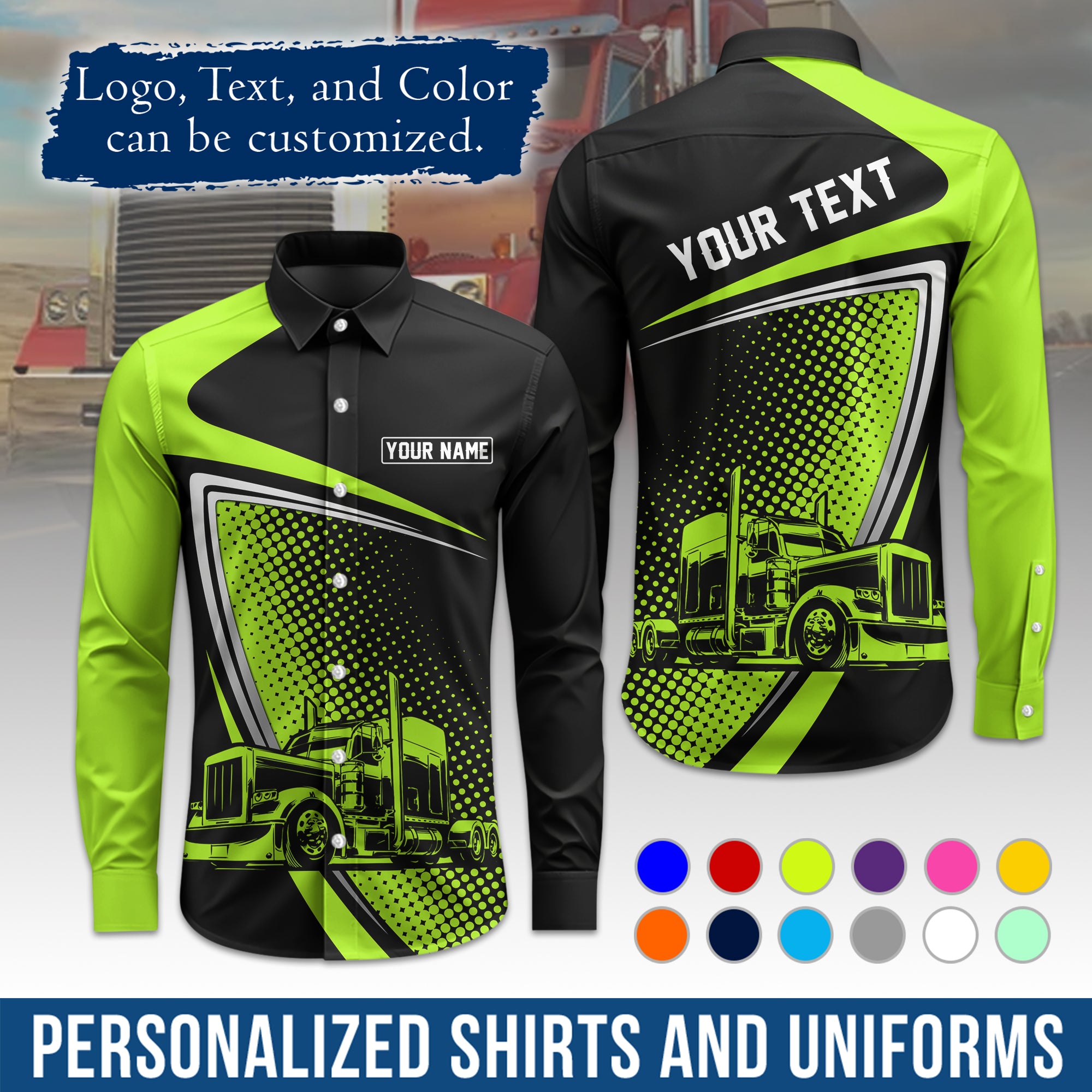 Semi Trucker Long Sleeve Button-Down Work Shirt, Personalized with Your Logo & Phone LS02