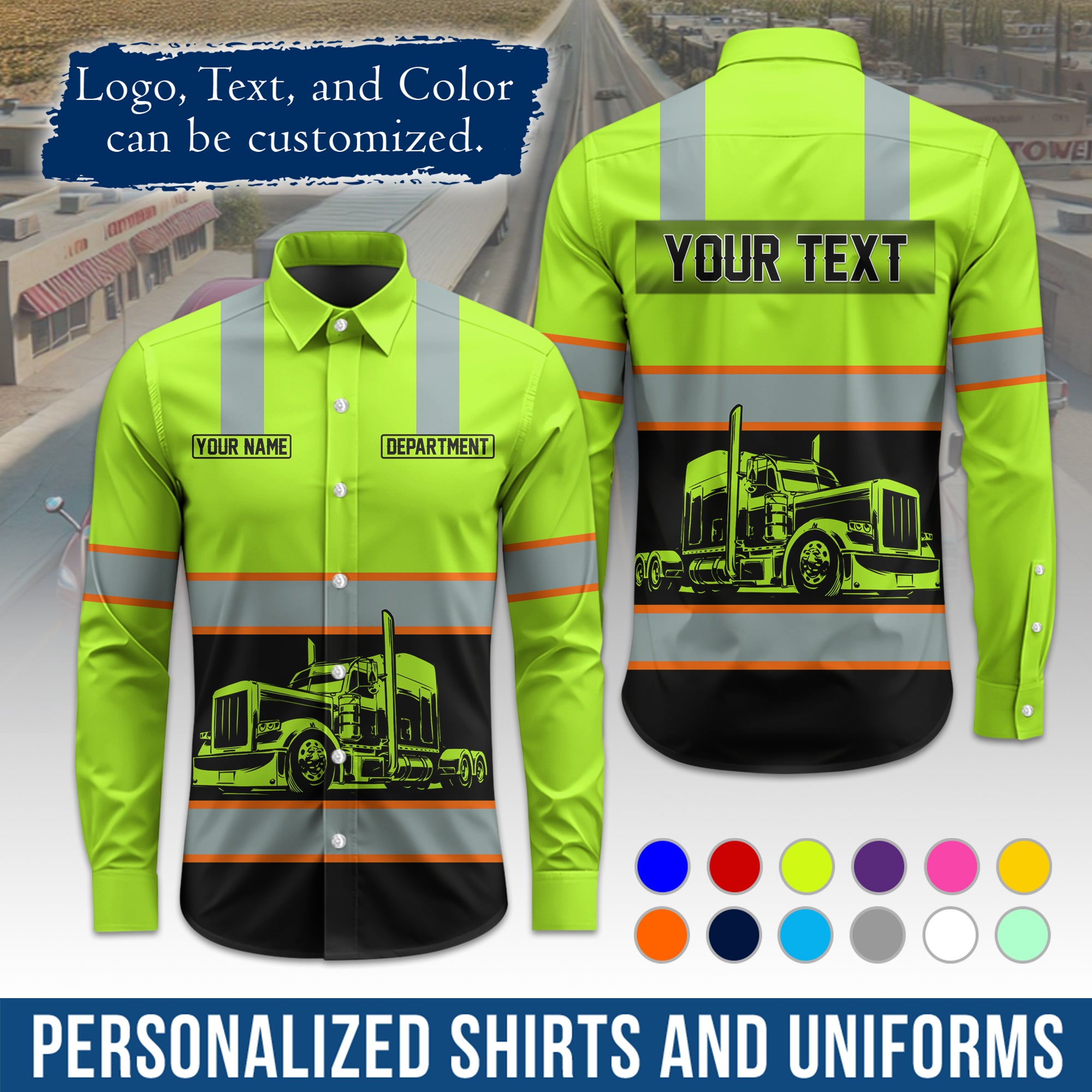 Semi Trucker Long Sleeve Button-Down Work Shirt, Personalized with Your Logo & Phone LS09
