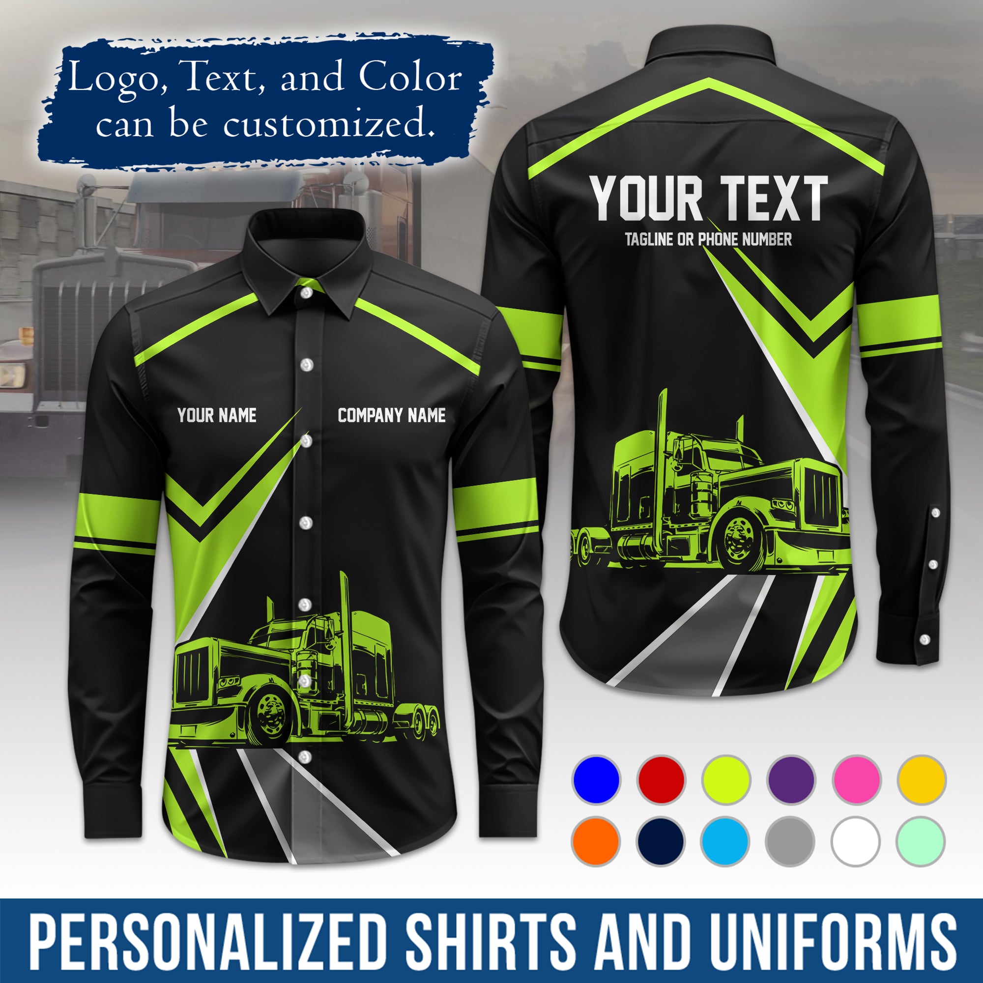 Semi Trucker Long Sleeve Button-Down Work Shirt, Personalized with Your Logo & Phone LS05