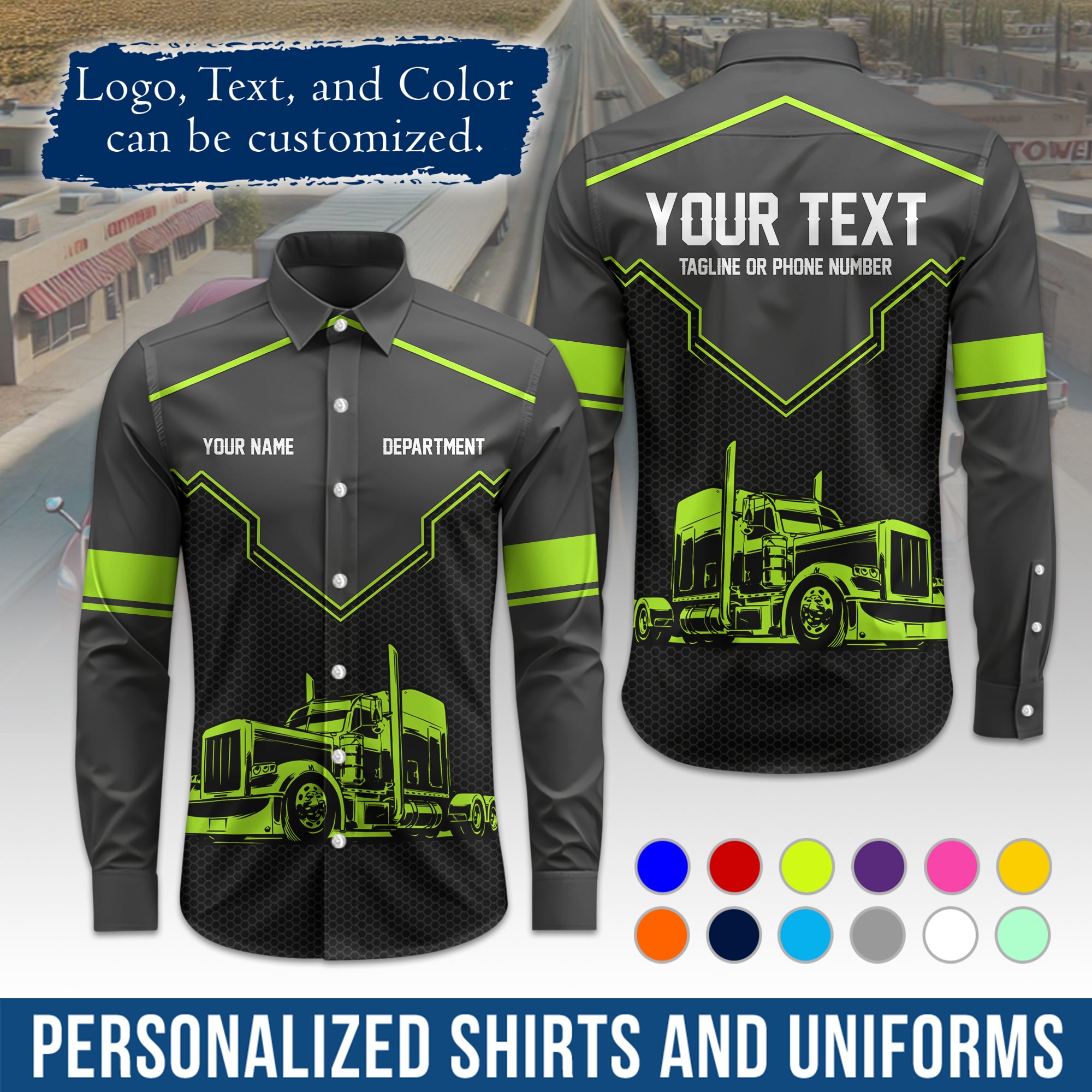 Semi Trucker Long Sleeve Button-Down Work Shirt, Personalized with Your Logo & Phone LS08