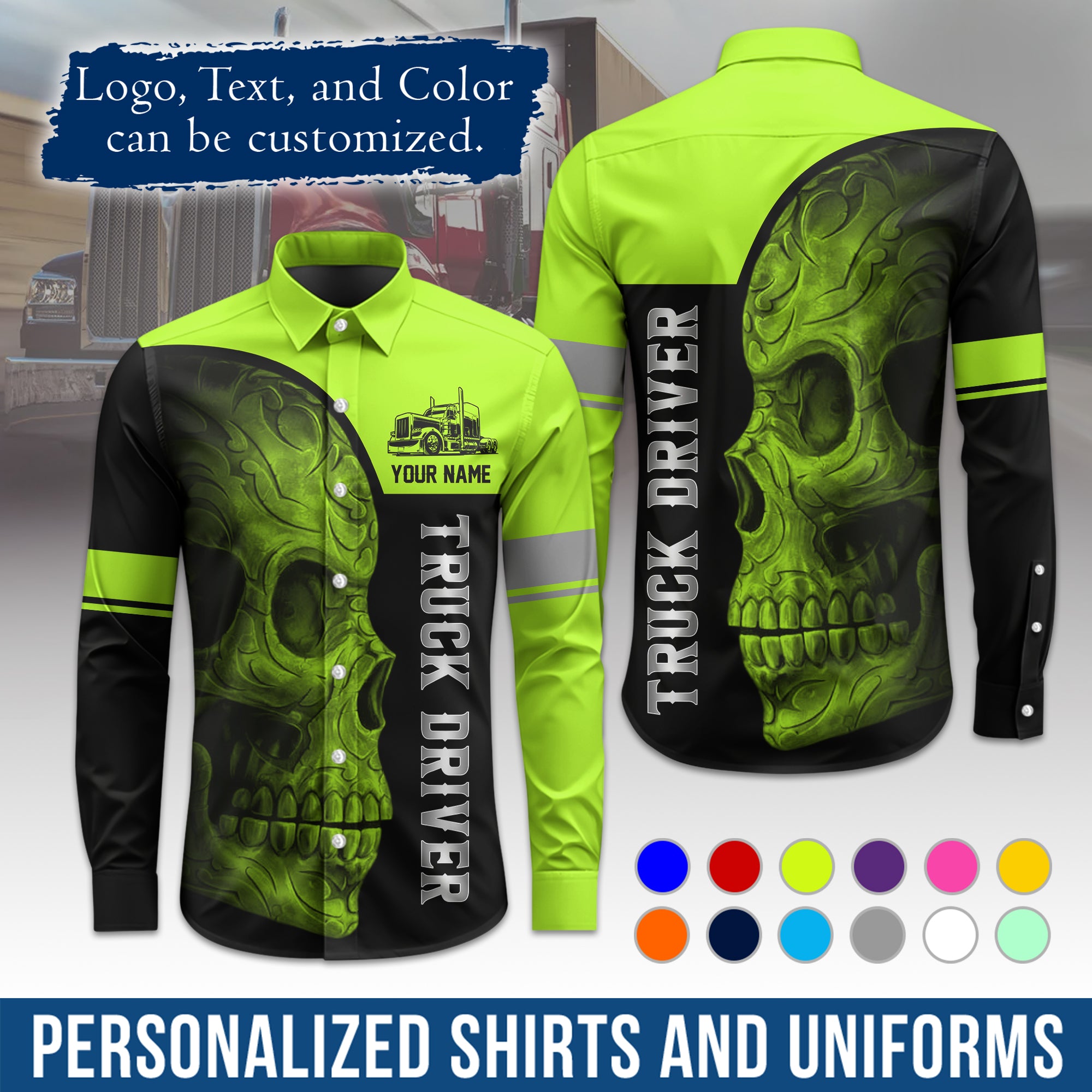 Semi Trucker Long Sleeve Button-Down Work Shirt, Personalized with Your Logo & Phone LS06