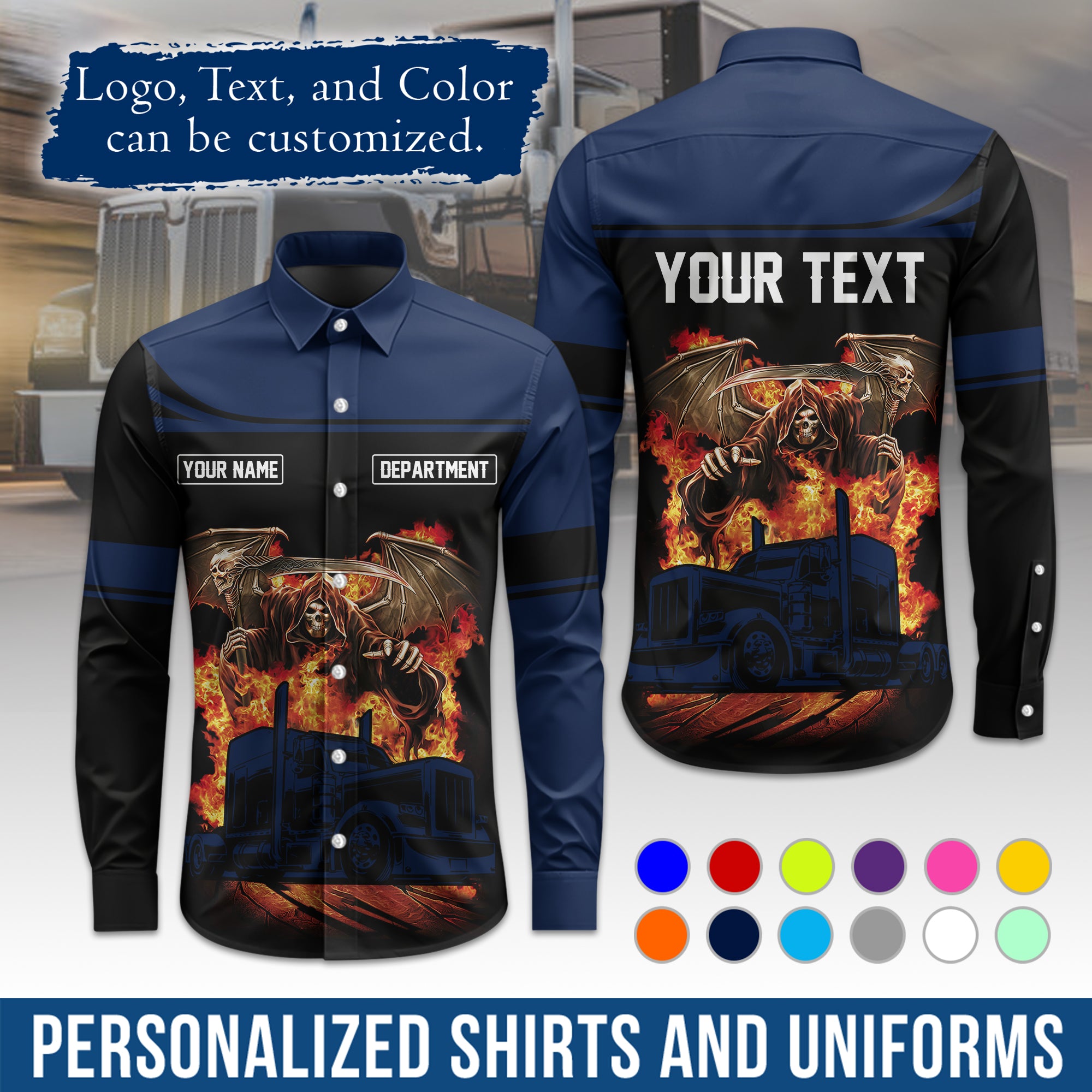 Semi Trucker Long Sleeve Button-Down Work Shirt, Personalized with Your Logo & Phone LS01