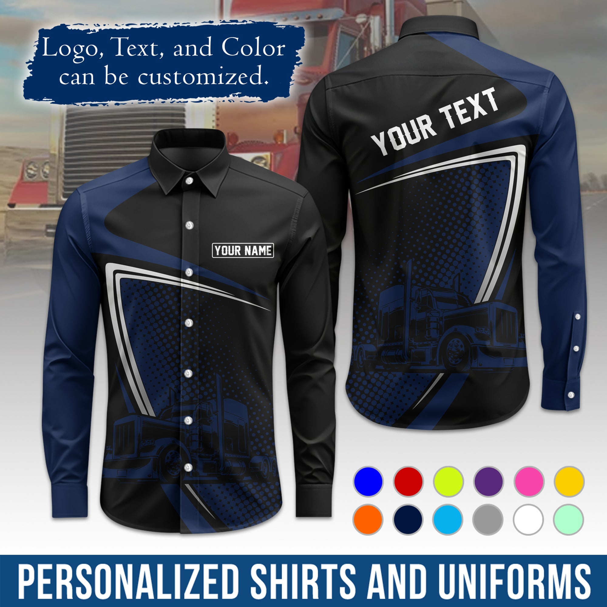 Semi Trucker Long Sleeve Button-Down Work Shirt, Personalized with Your Logo & Phone LS02
