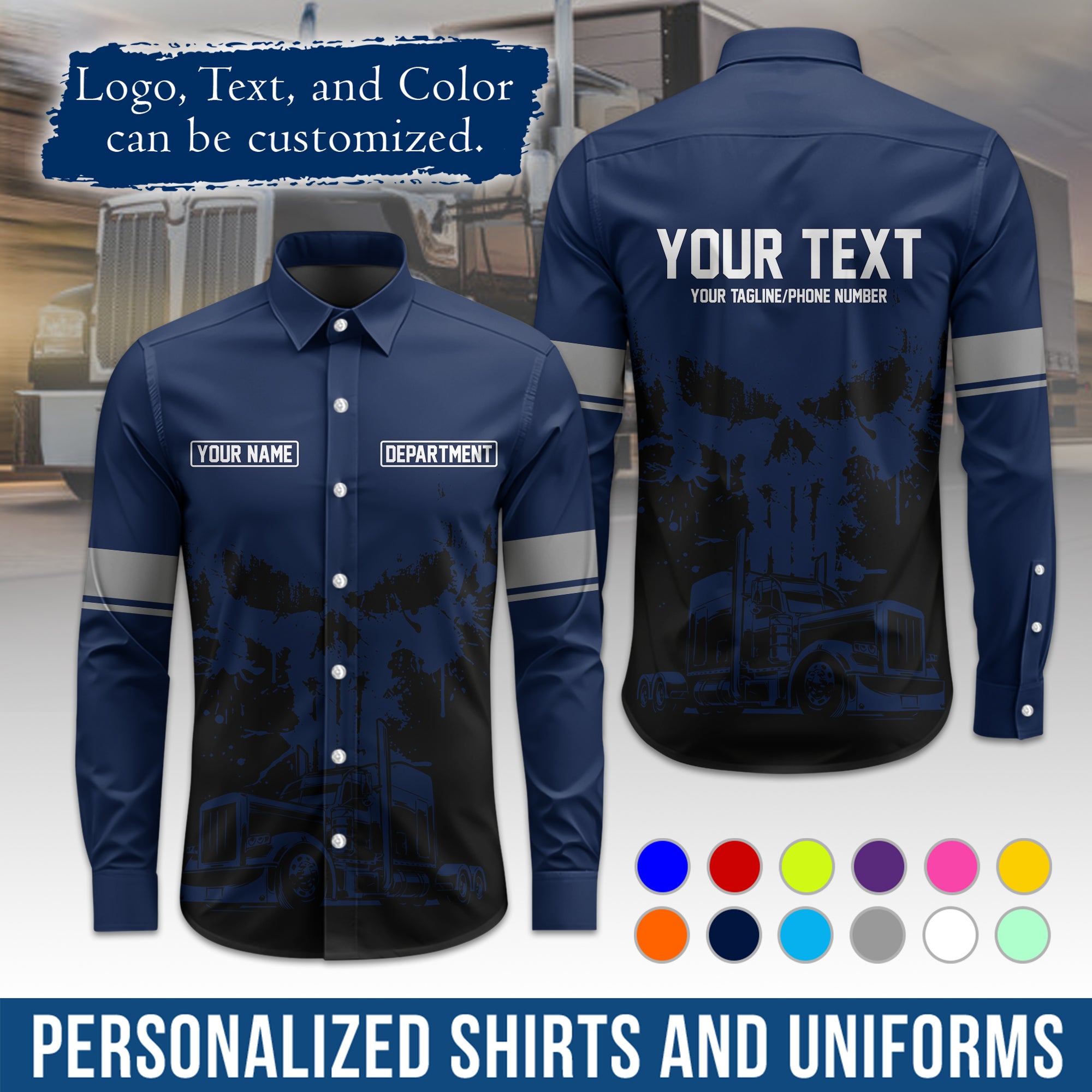 Semi Trucker Long Sleeve Button-Down Work Shirt, Personalized with Your Logo & Phone LS04