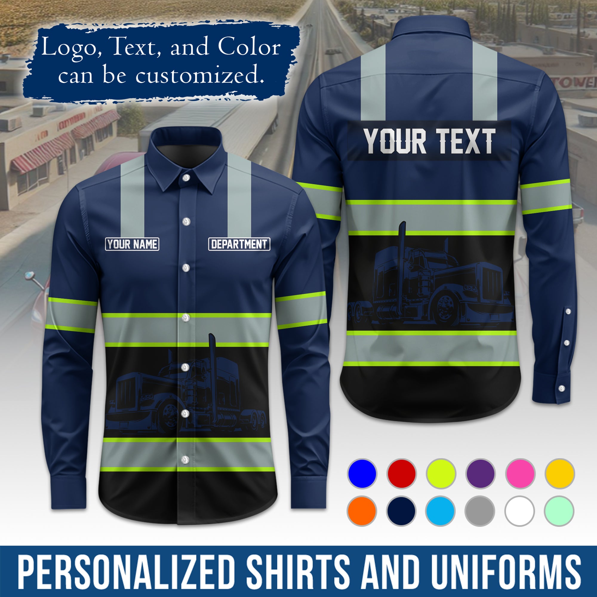 Semi Trucker Long Sleeve Button-Down Work Shirt, Personalized with Your Logo & Phone LS09
