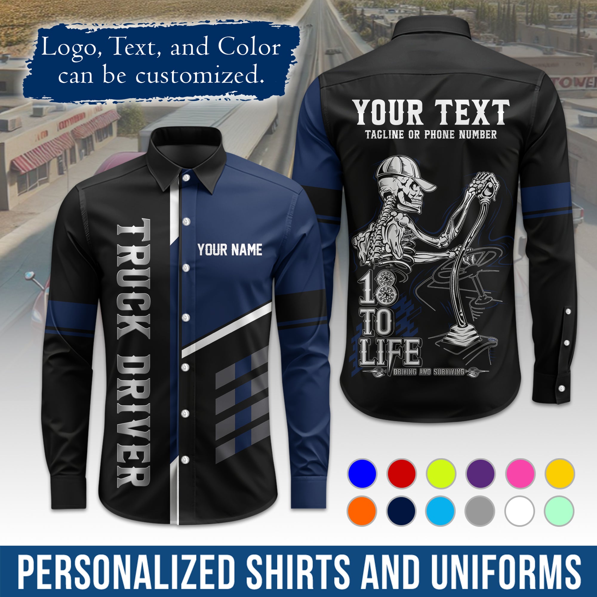 Semi Trucker Long Sleeve Button-Down Work Shirt, Personalized with Your Logo & Phone LS07