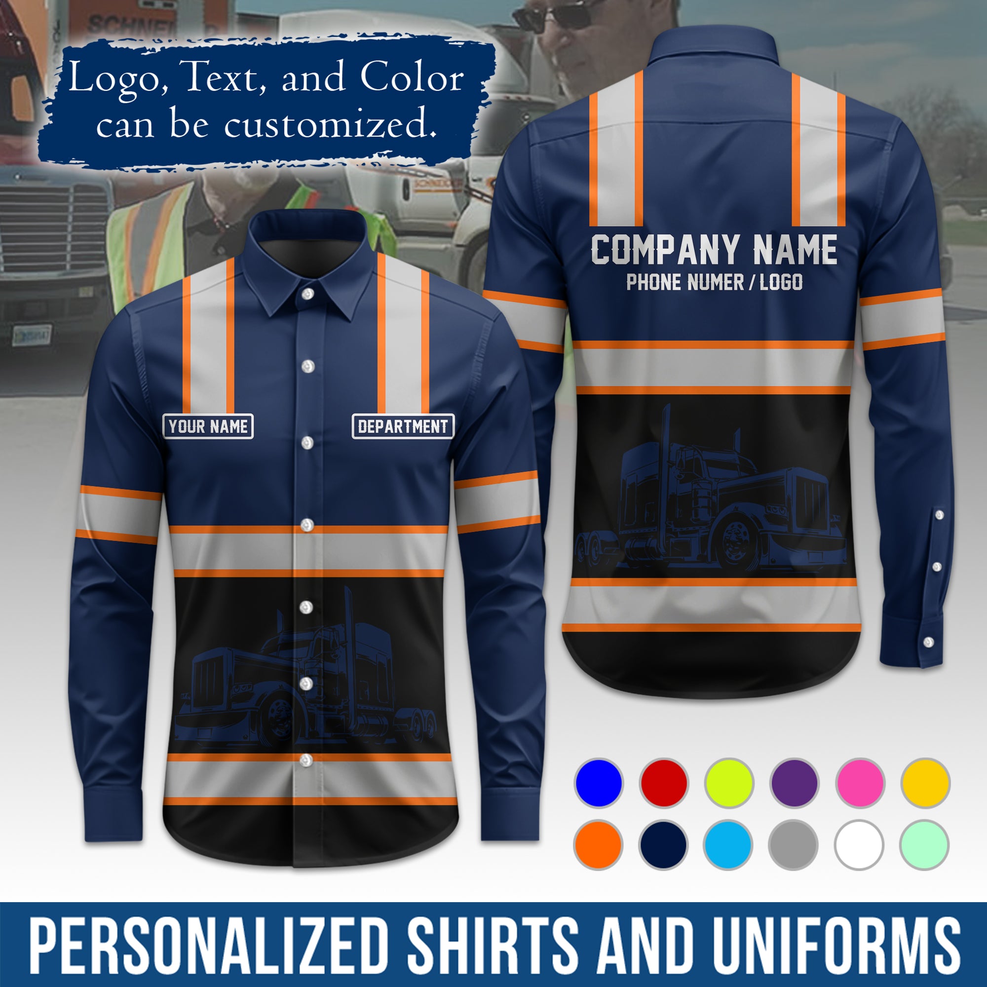 Semi Trucker Long Sleeve Button-Down Work Shirt, Personalized with Your Logo & Phone LS03