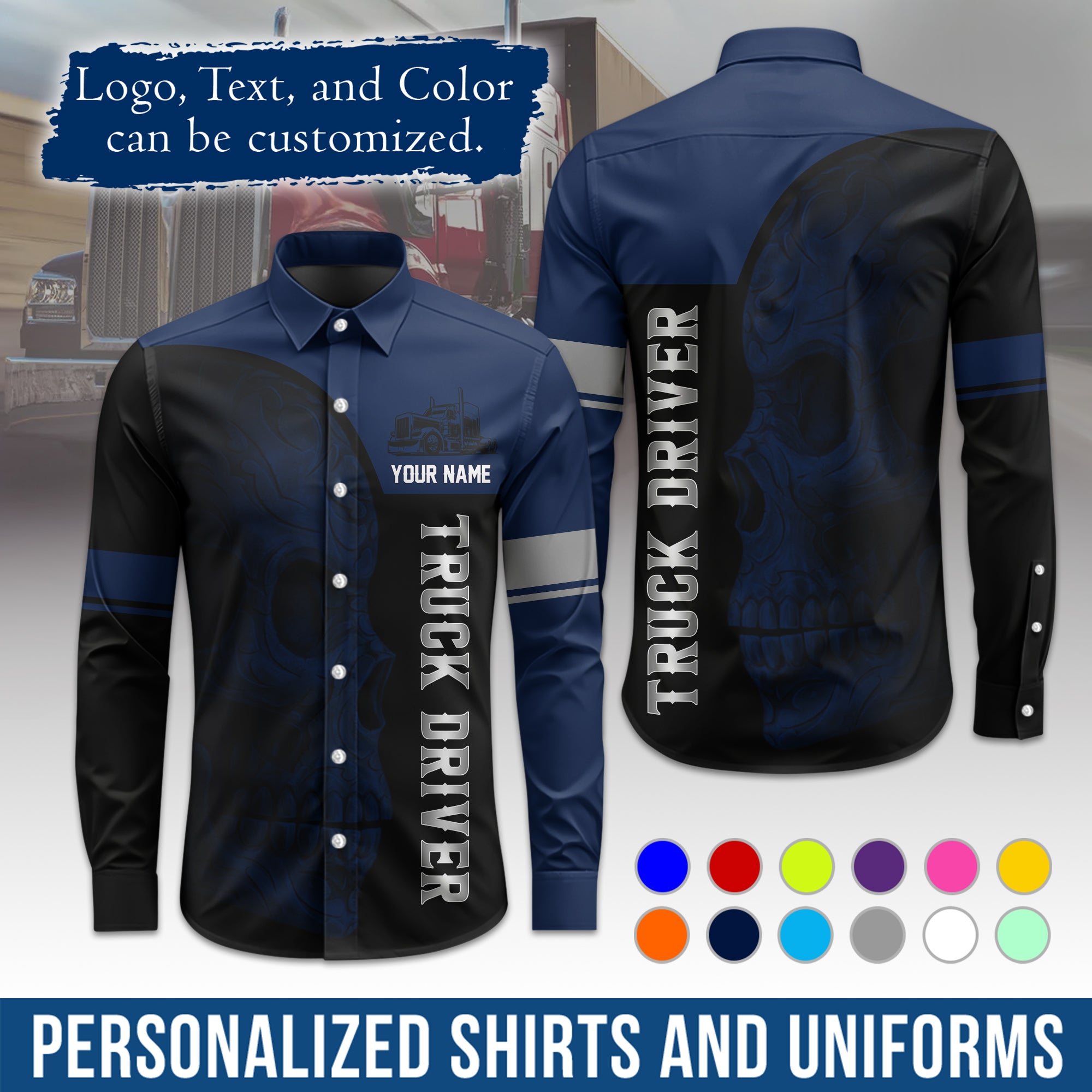 Semi Trucker Long Sleeve Button-Down Work Shirt, Personalized with Your Logo & Phone LS06