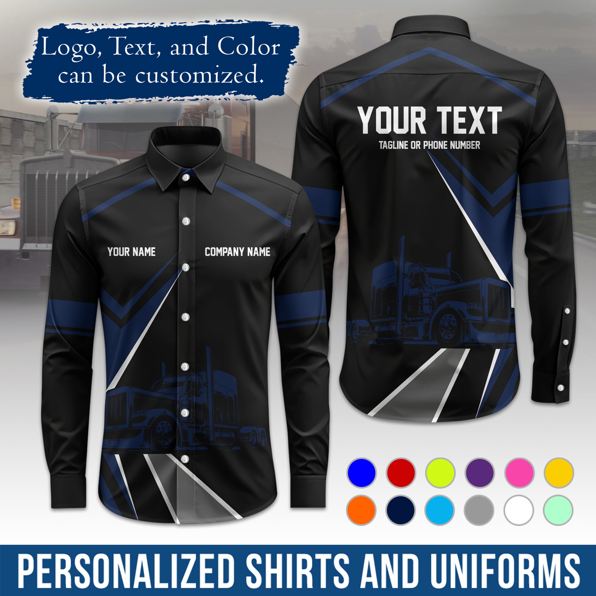 Semi Trucker Long Sleeve Button-Down Work Shirt, Personalized with Your Logo & Phone LS05