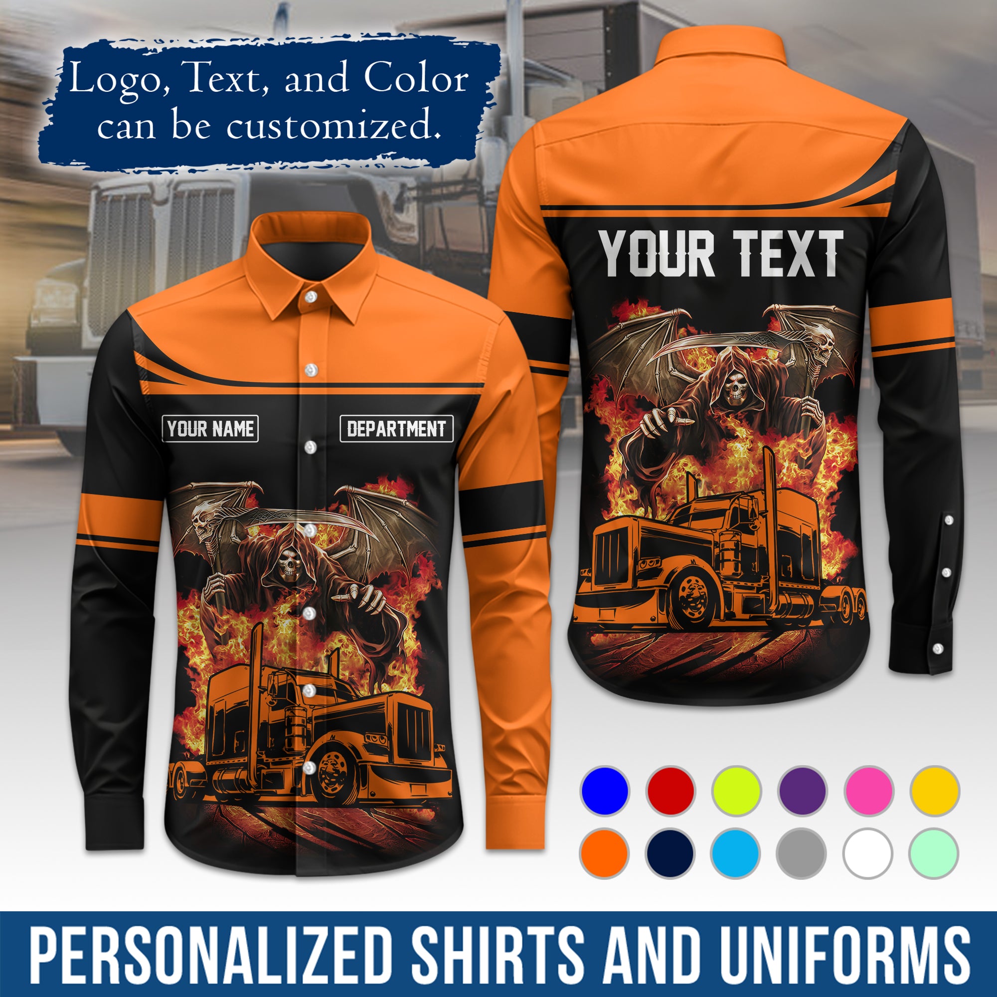 Semi Trucker Long Sleeve Button-Down Work Shirt, Personalized with Your Logo & Phone LS01