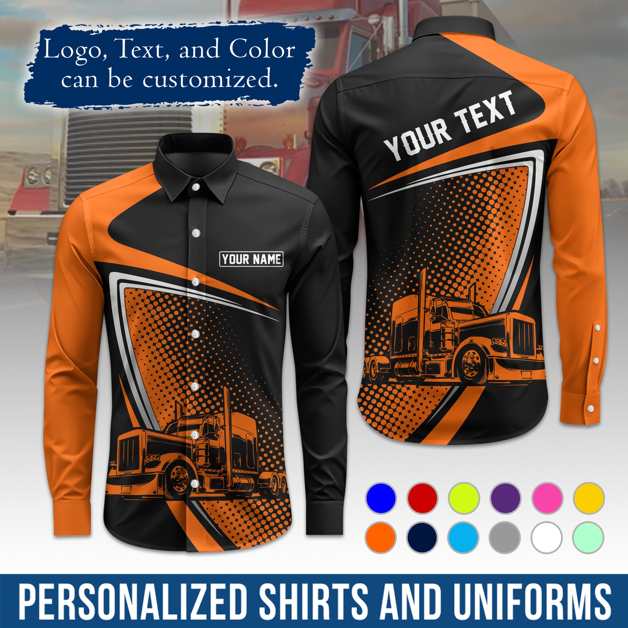 Semi Trucker Long Sleeve Button-Down Work Shirt, Personalized with Your Logo & Phone LS02