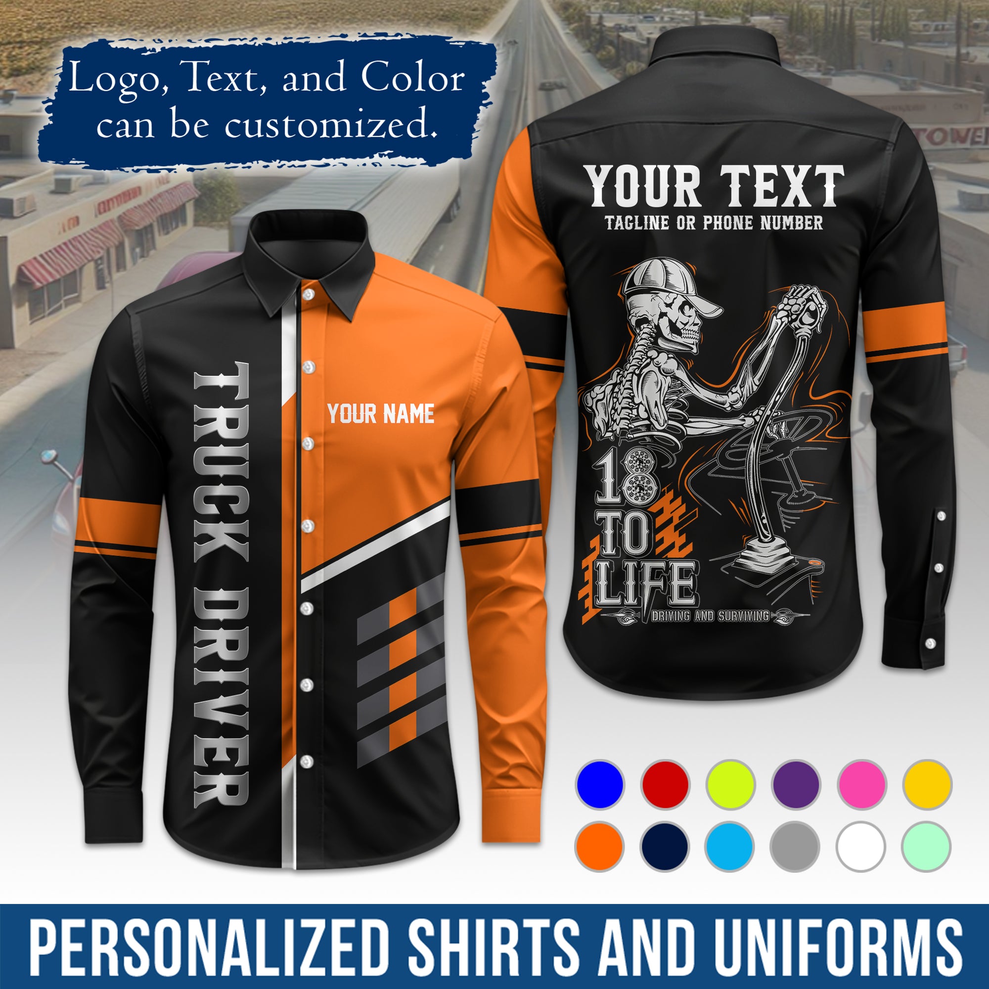 Semi Trucker Long Sleeve Button-Down Work Shirt, Personalized with Your Logo & Phone LS07