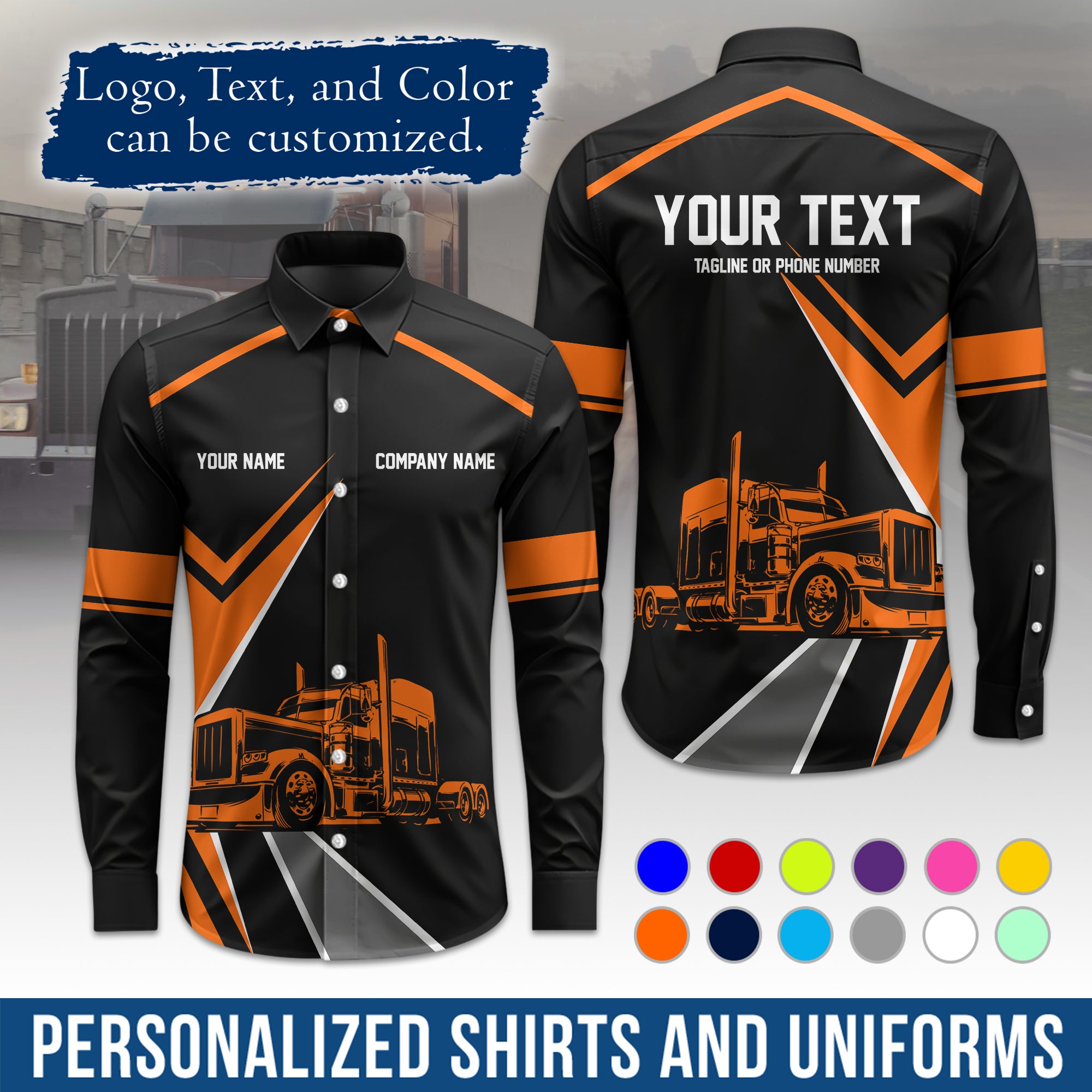 Semi Trucker Long Sleeve Button-Down Work Shirt, Personalized with Your Logo & Phone LS05