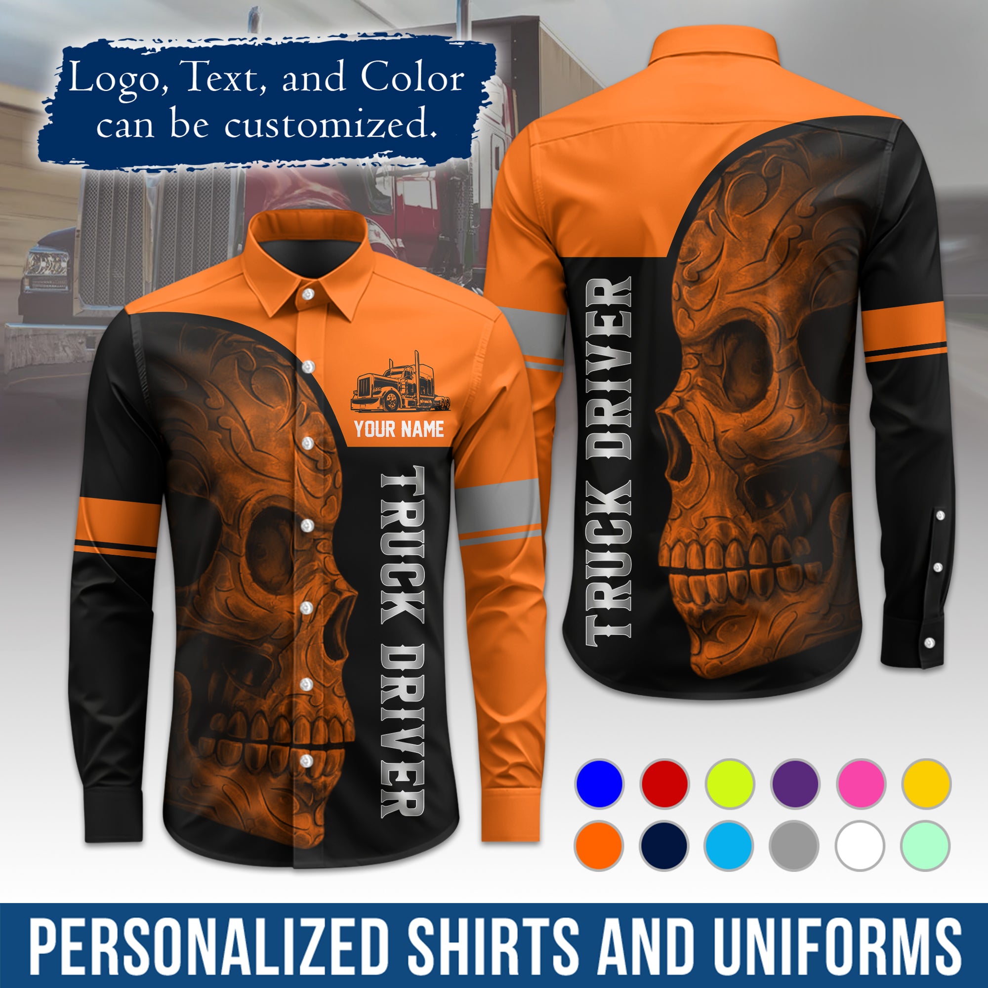 Semi Trucker Long Sleeve Button-Down Work Shirt, Personalized with Your Logo & Phone LS06