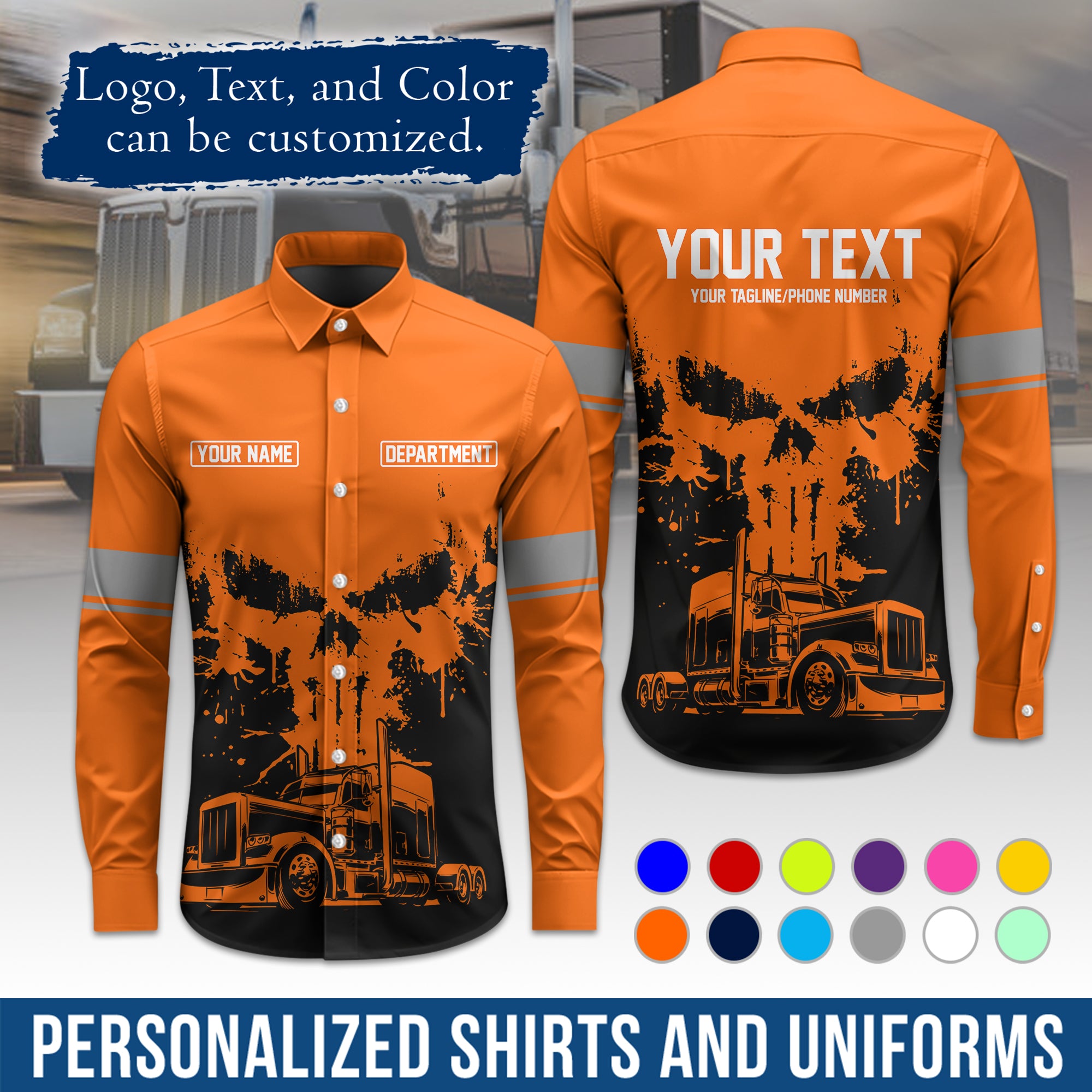 Semi Trucker Long Sleeve Button-Down Work Shirt, Personalized with Your Logo & Phone LS04