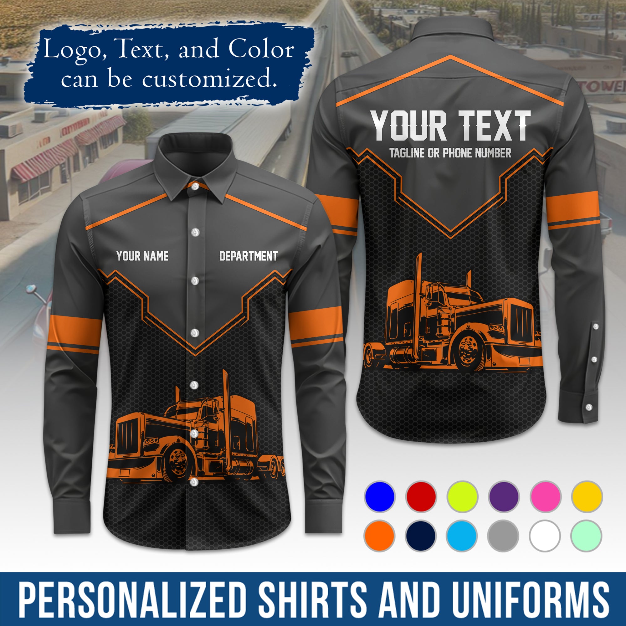 Semi Trucker Long Sleeve Button-Down Work Shirt, Personalized with Your Logo & Phone LS08
